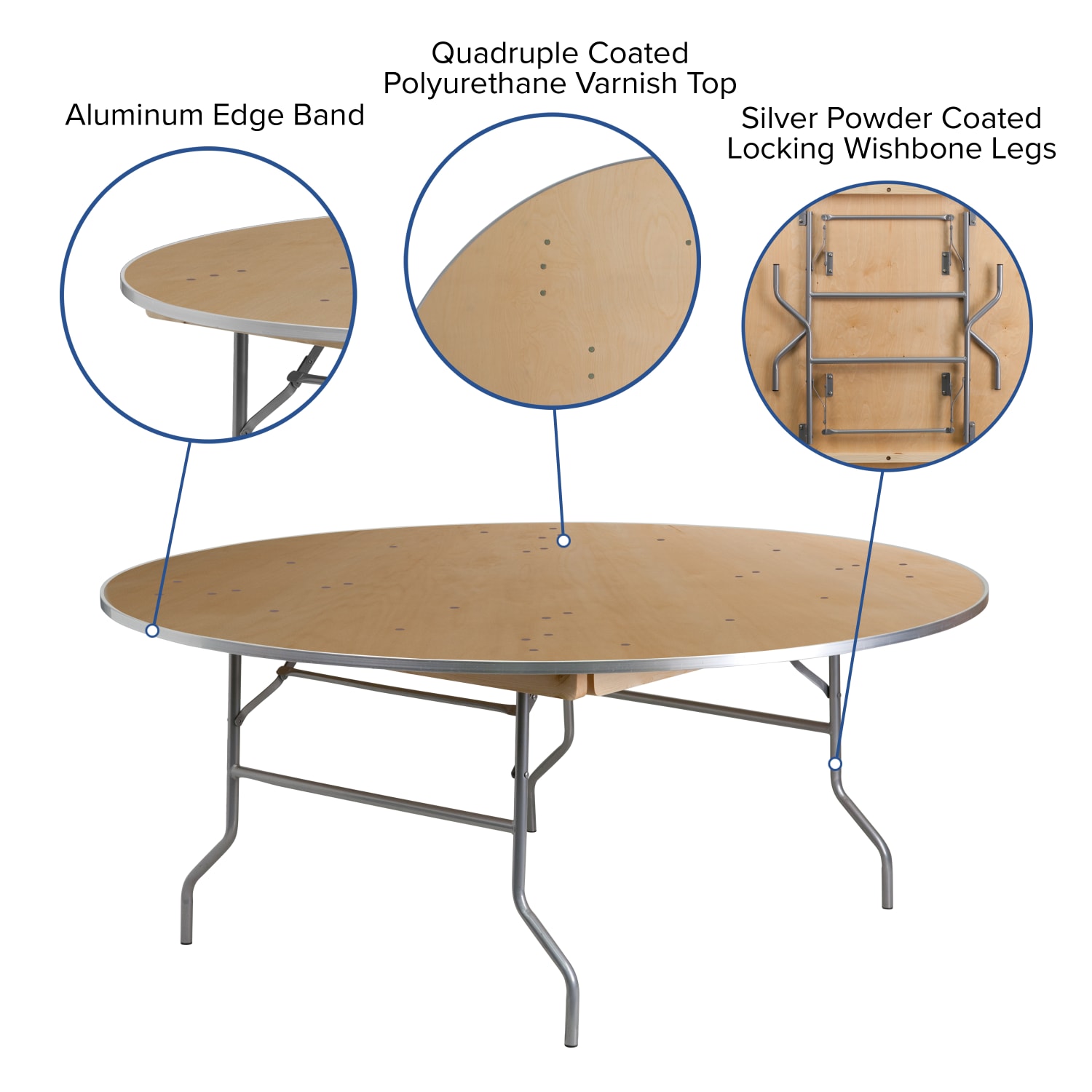 Flash Furniture Round Heavy-Duty Birchwood Folding Banquet Table, 30inH x 72inW x 72inD, Natural/Silver - Image 6