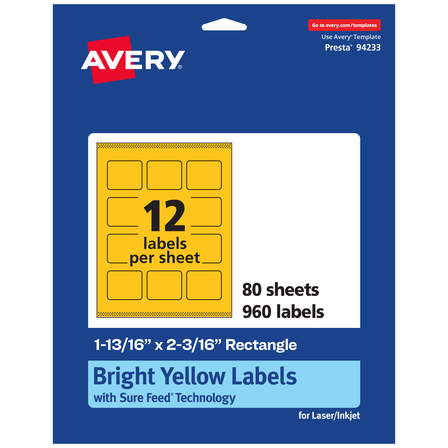 Avery Print-To-The-Edge Labels With Sure Feed Technology And Easy Peel, 94233-BYP80, Rectangle, 1-13/16inx2-3/16in, Matte Bright Yellow, Pack of 960