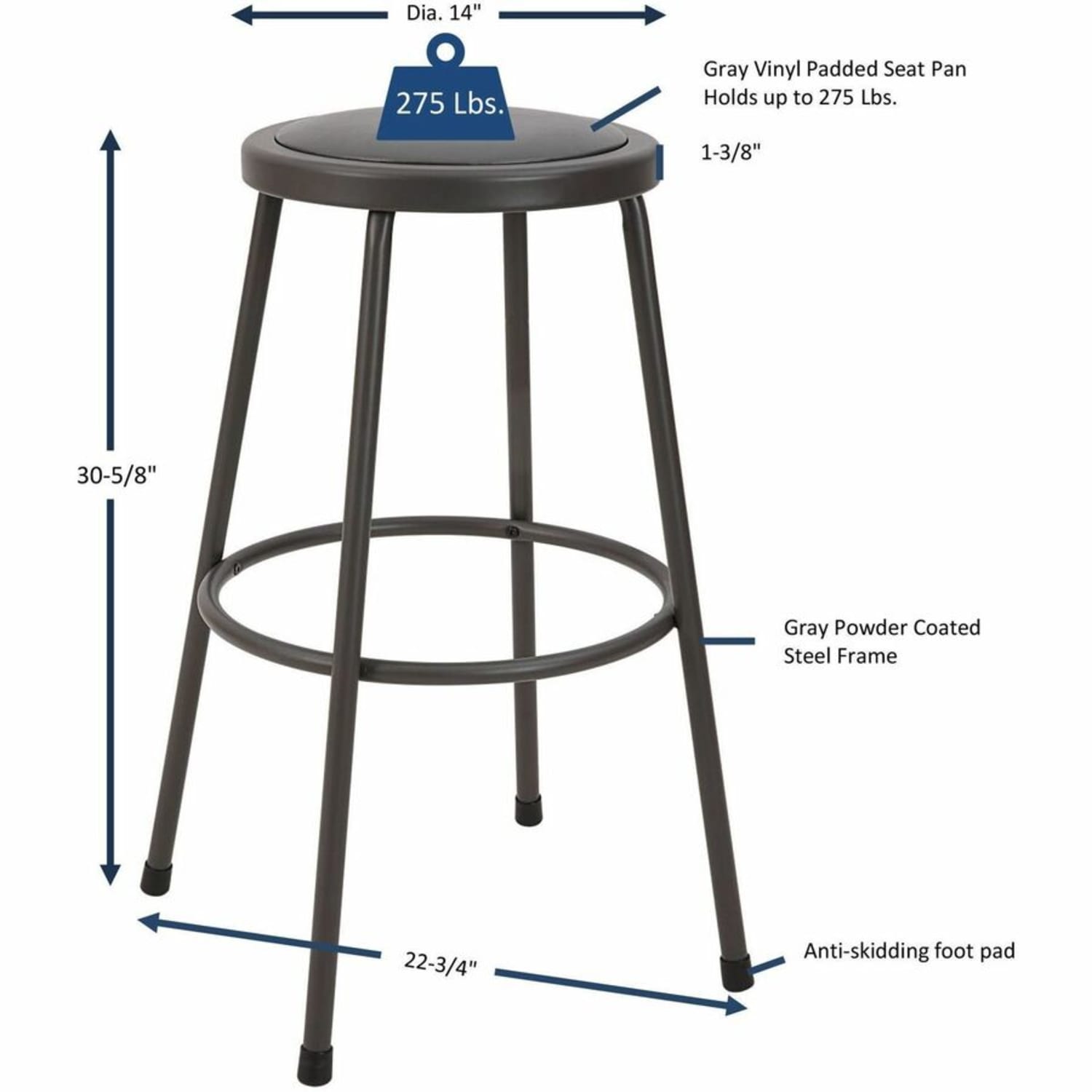 Lorell Metal Shop Stool, 30in Vinyl Seat Material, Light Gray - Image 4