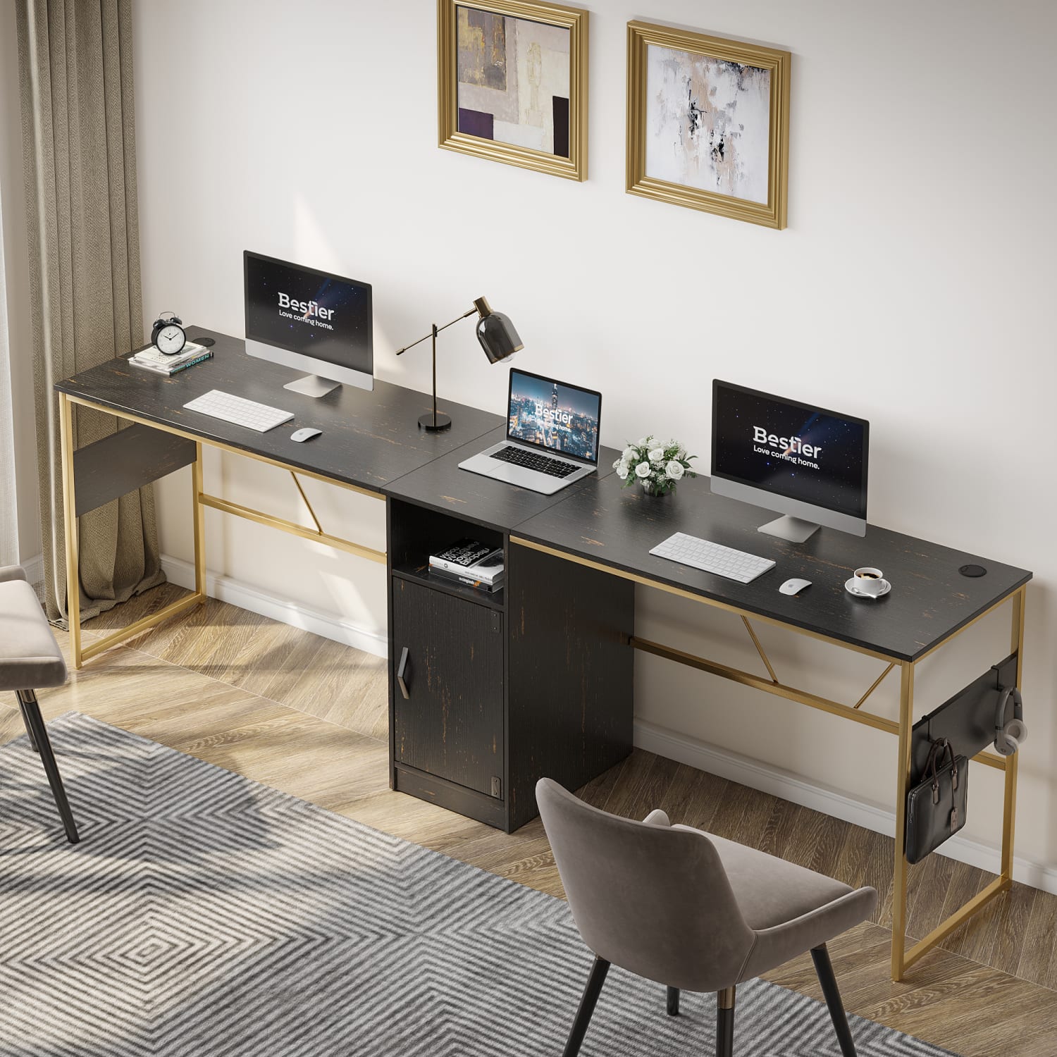 Bestier Reversible 60inW Corner Computer Desk With Storage Cabinet & Accessory Hooks, Golden Black - Image 4