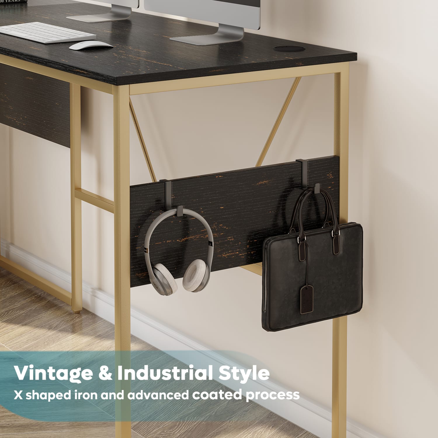 Bestier Reversible 60inW Corner Computer Desk With Storage Cabinet & Accessory Hooks, Golden Black - Image 6