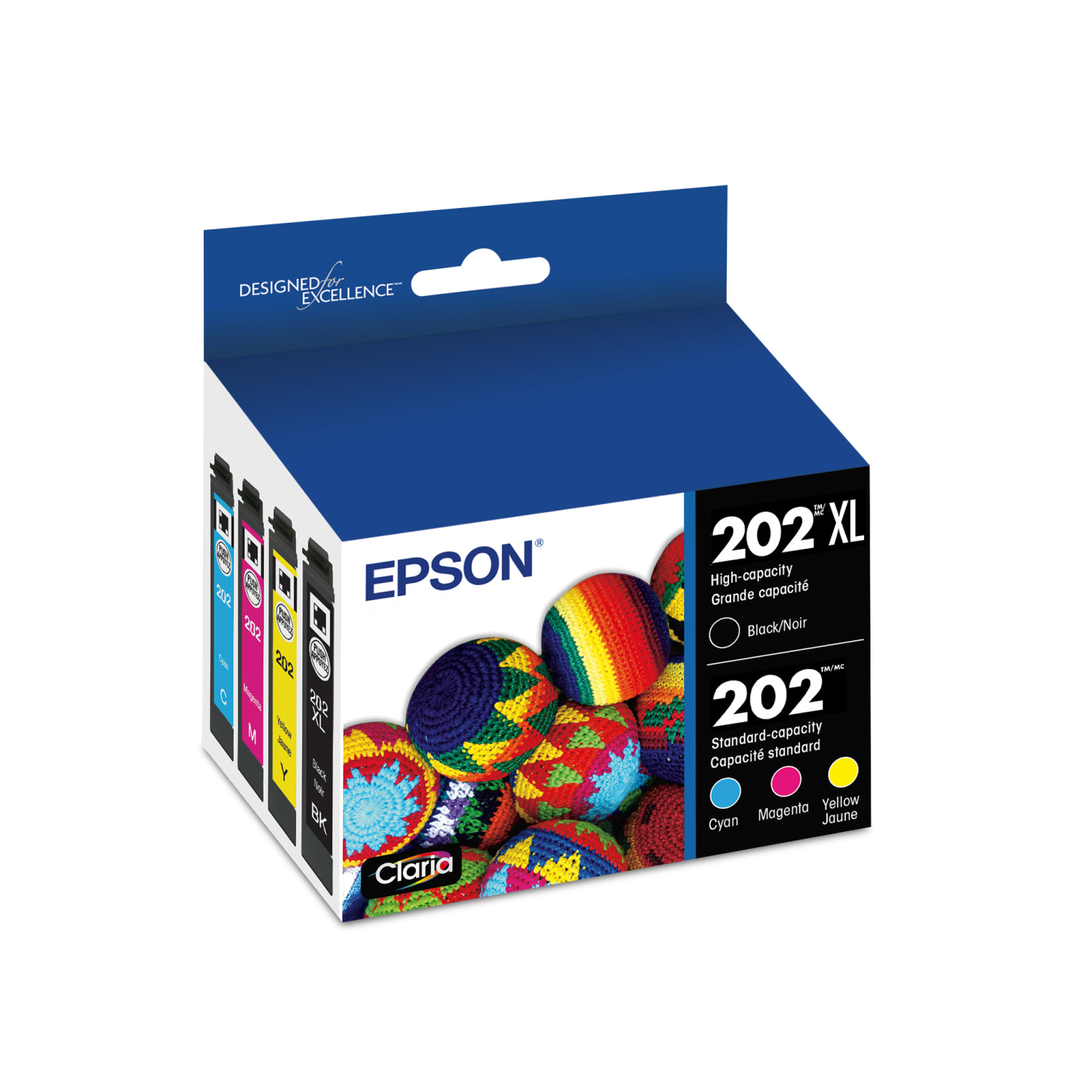 Epson 202XL Black/202 Claria Cyan; Magenta; Yellow High-Yield Ink Cartridges, Pack Of 4, T202XL-BCS