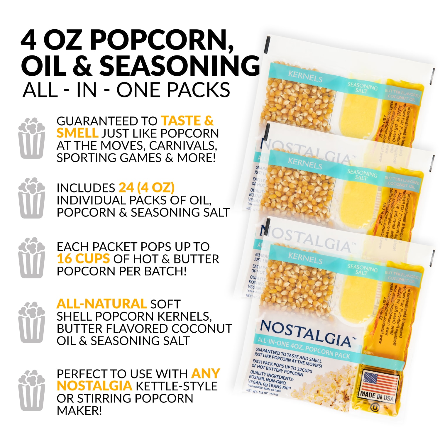 Nostalgia Electrics Best Tasting Premium Popcorn All-In-One Packs, 4 Oz, Case Of 24 Packs - Image 3