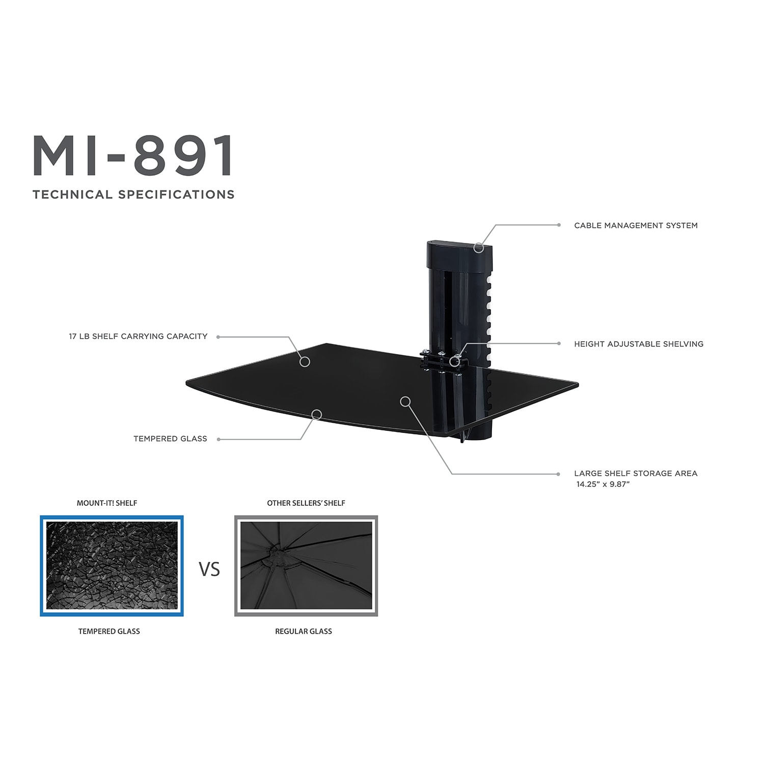 Mount-It! MI-891 Floating Glass Wall Shelf, 4.25inH x 14.25inW x 9.87inD, Black - Image 5