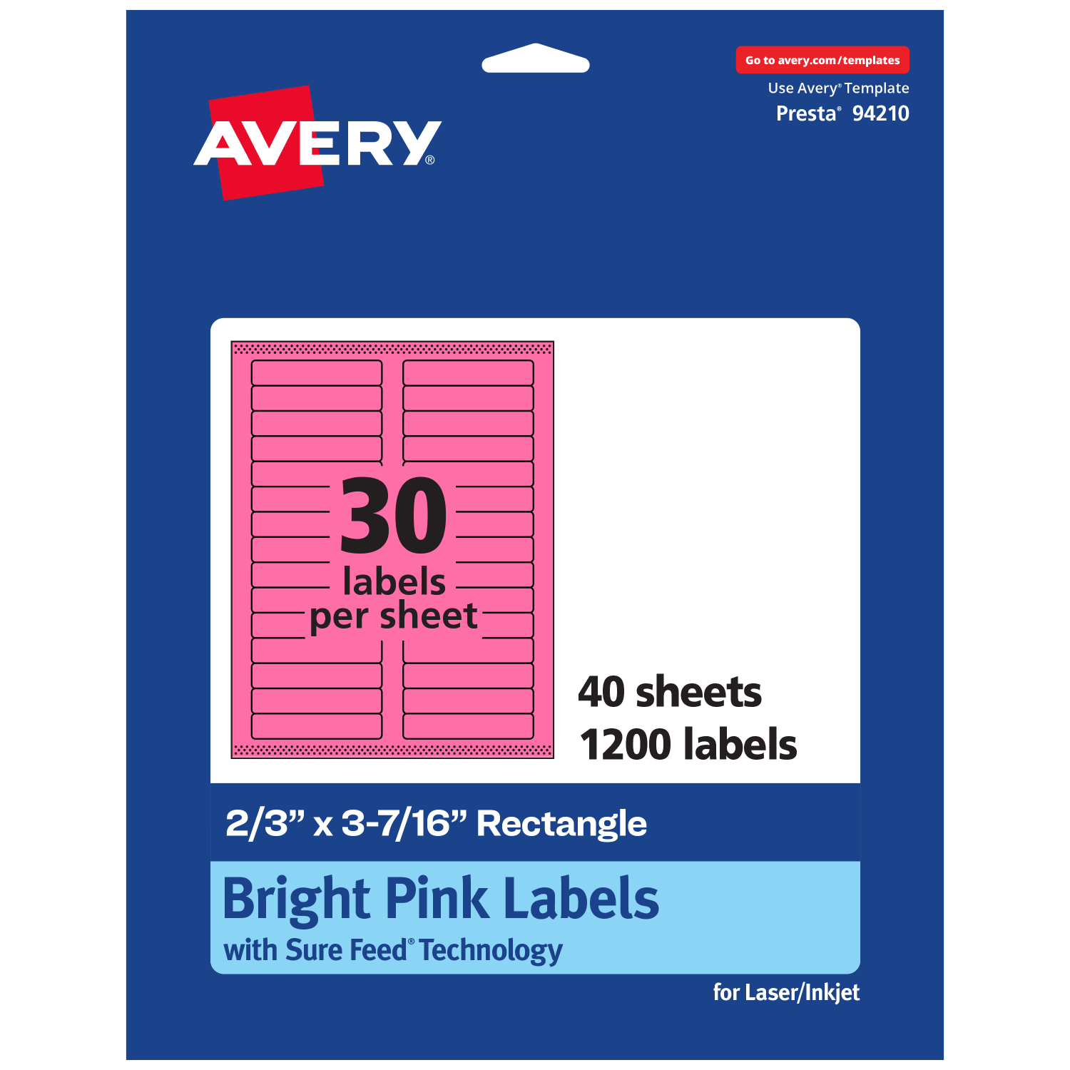 Avery Printable Labels With Sure Feed Technology, 94210-BPP40, Rectangle, 2/3in x 3-7/16in, Matte Bright Pink, Pack of 1200