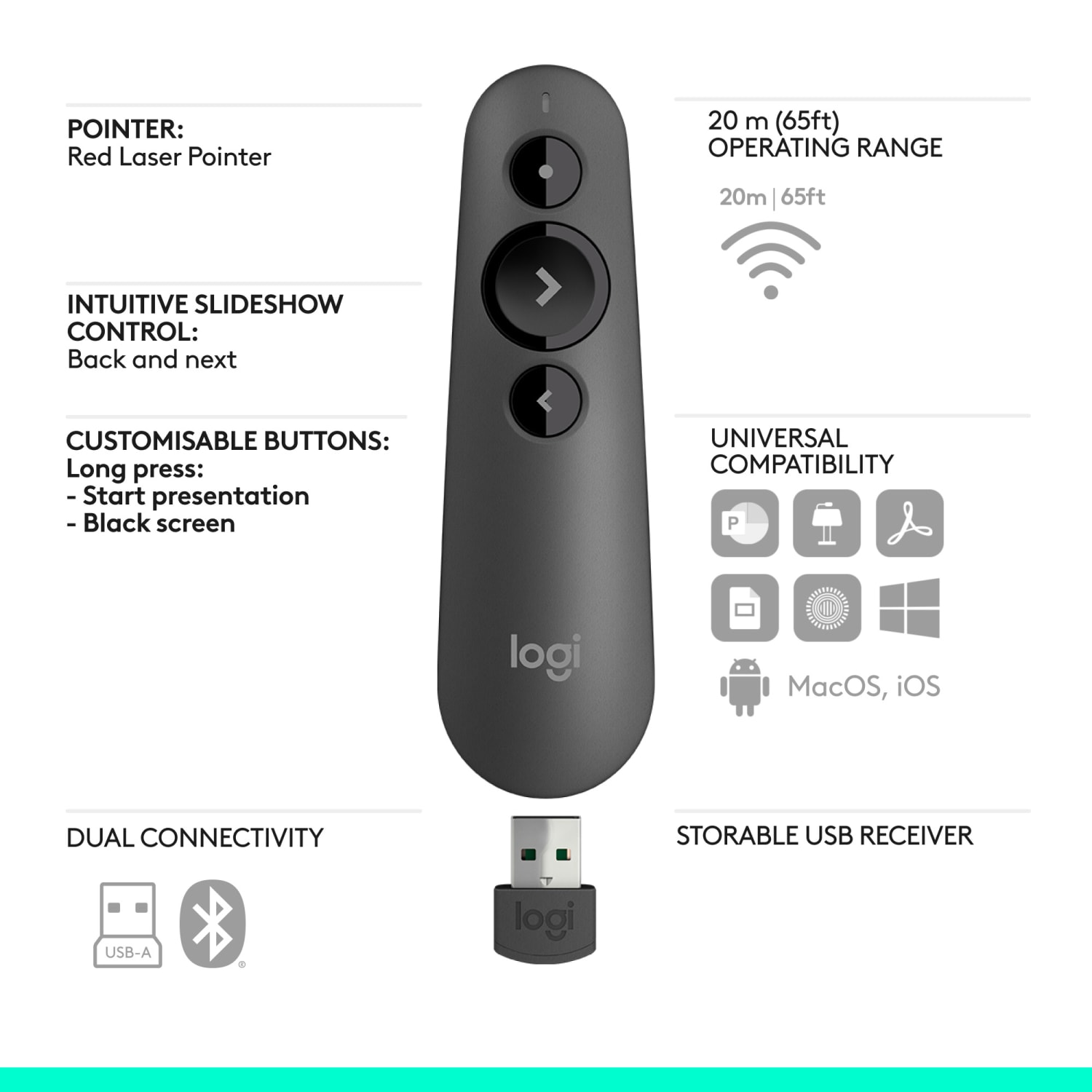 Logitech Laser Class 1 R500s Bluetooth & USB Presentation Clicker, 4-7/8inH x 1-1/2inW, Black - Image 6
