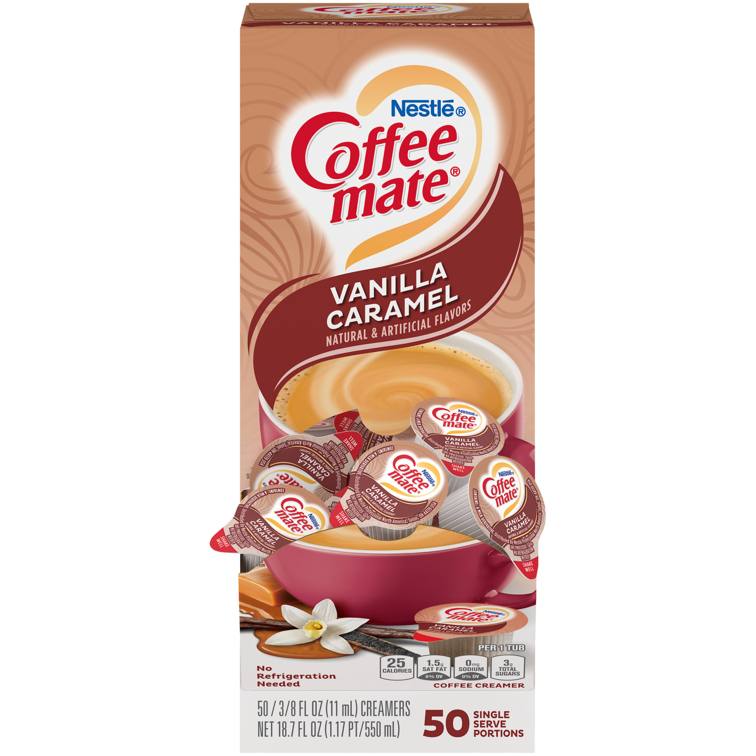 Coffee mate Vanilla Caramel Nondairy Liquid Creamer Singles - Vanilla Caramel Flavor - 0.38 fl oz (11 mL) - 200 Serving - 50/Box - 4 / Carton - Image 4
