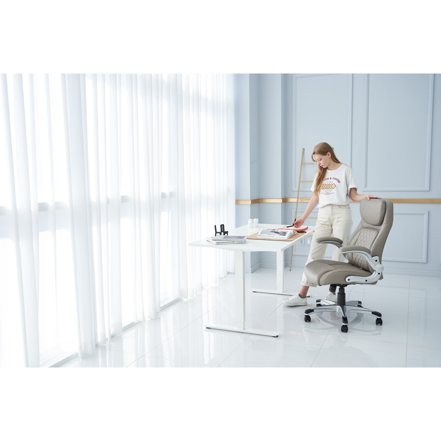 Nouhaus Posture Ergonomic PU Leather High-Back Executive Office Chair, Flat Taupe - Image 3