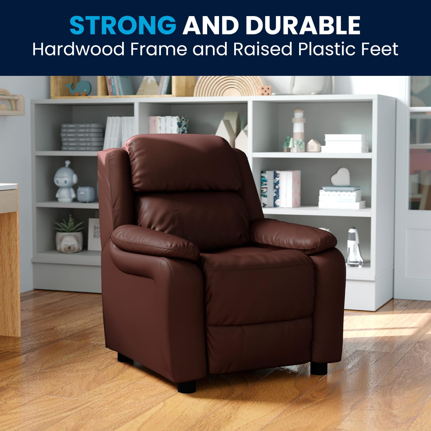 Flash Furniture Deluxe Padded Contemporary Leathersoft Kids Recliner Accent Chair With Storage Arms Brown PopularChairscom