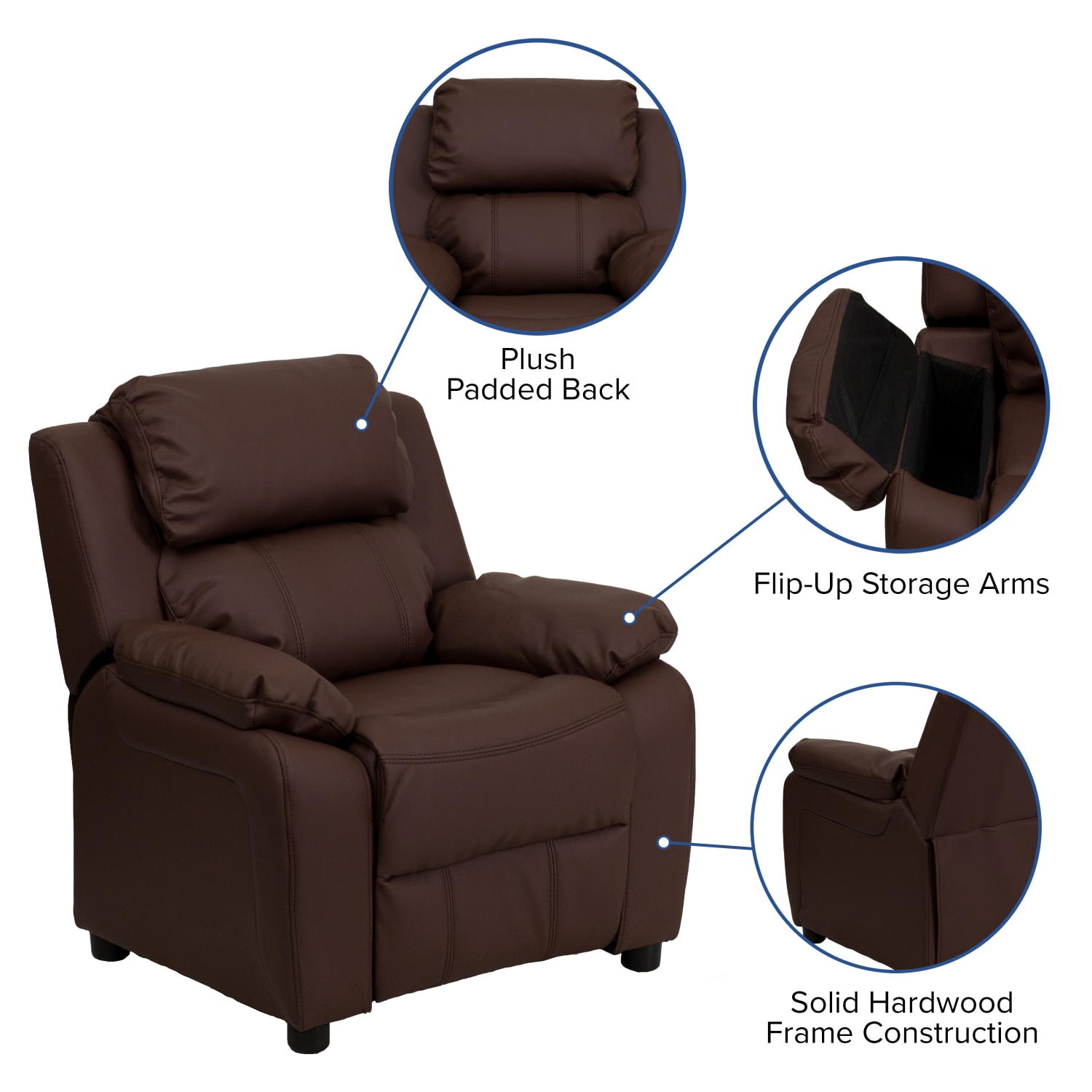 Flash Furniture Deluxe Padded Contemporary Leathersoft Kids Recliner Accent Chair With Storage Arms Brown PopularChairscom