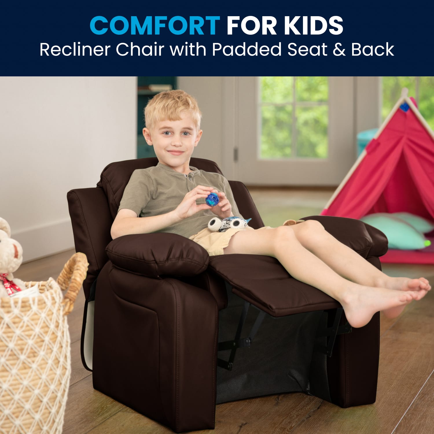 Flash Furniture Deluxe Padded Contemporary Leathersoft Kids Recliner Accent Chair With Storage Arms Brown PopularChairscom