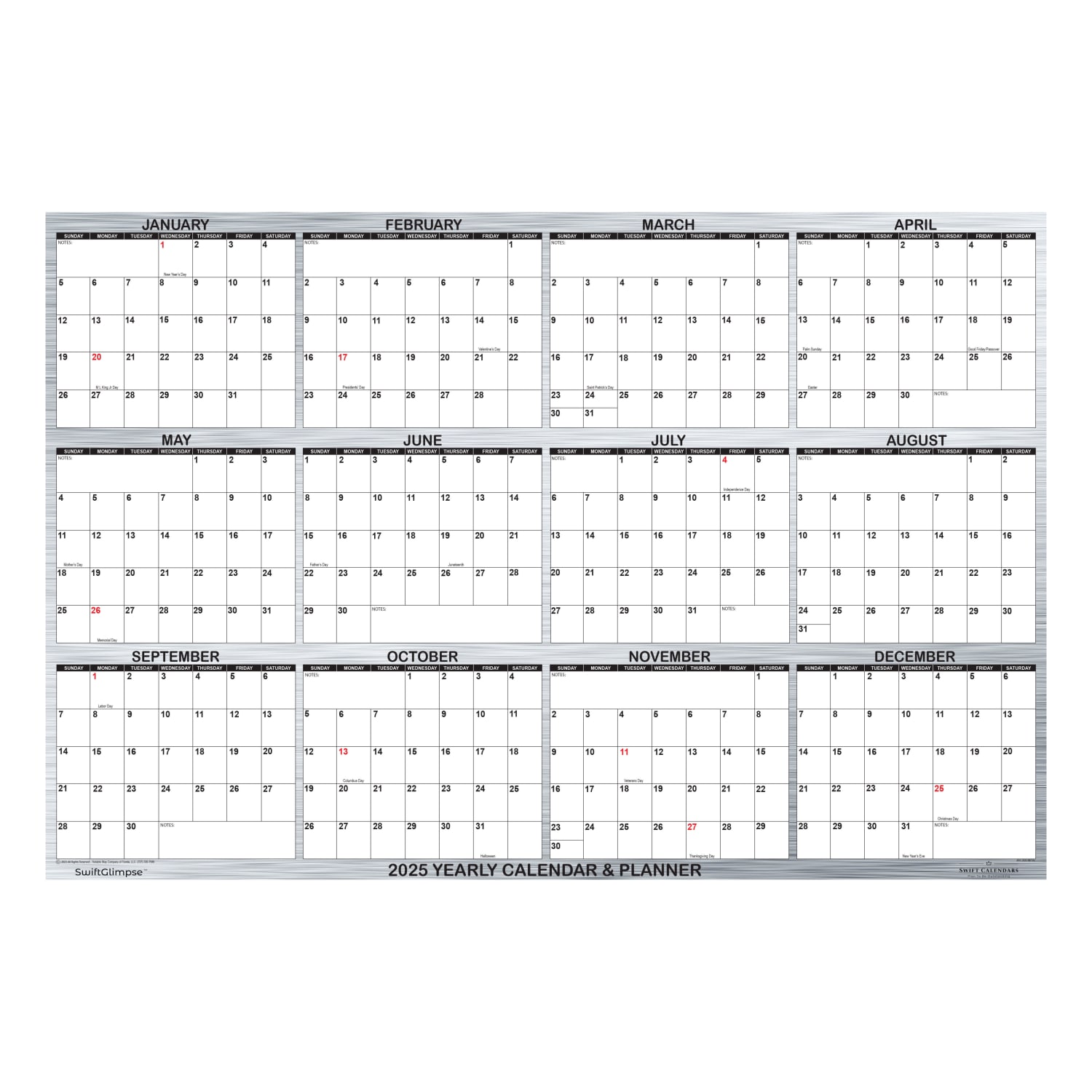 2025 SwiftGlimpse Daily/Yearly Wall Calendar, 24in x 36in, Metal, January 2025 To December 2025, SG 2025 WOOD