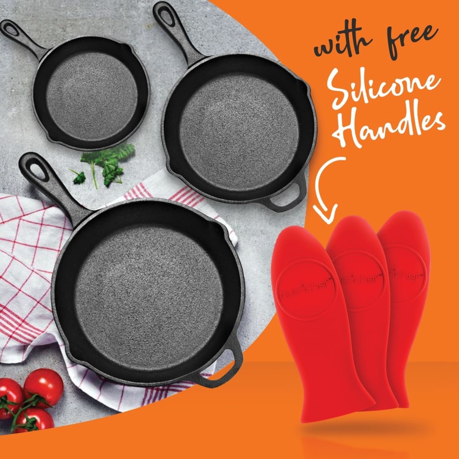 NutriChef 14-Inch Cast Iron Pizza/Baking Pan - 3 Pieces - Cooking - Oven Safe - 8in Skillet - 10in 2nd Skillet - NCCIPS3P49 - Image 3