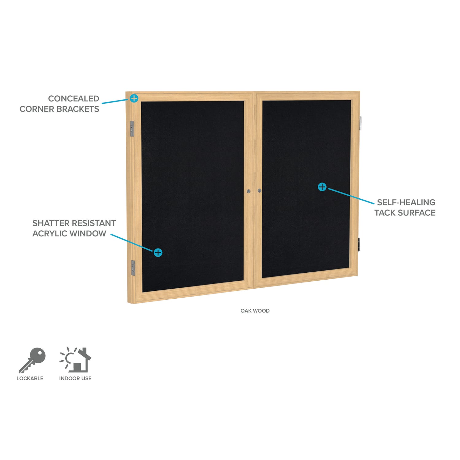 Ghent 2 Door Enclosed Recycled Rubber Bulletin Board, Oak Wood Frame, 48inH x 60inW, Black - Image 4
