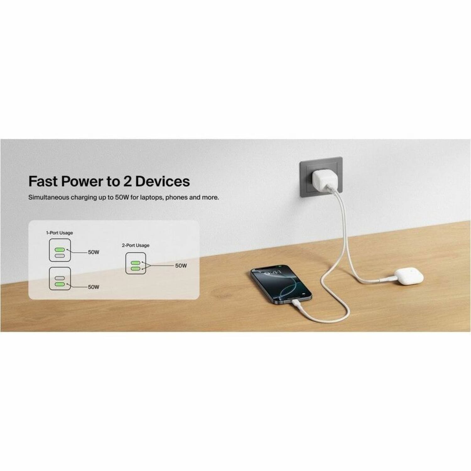 Belkin 50W Portable 2-Port USB-C Wall Charger - 2xUSB-C - Foldable Prongs - Power Adapter - White - 50 W - White - Image 5