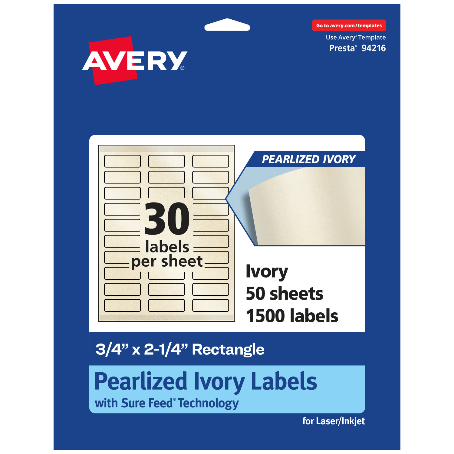 Avery Pearlized Permanent Labels With Sure Feed, 94216-PIP50, Rectangle, 3/4in x 2-1/4in, Ivory, Pack Of 1,500 Labels