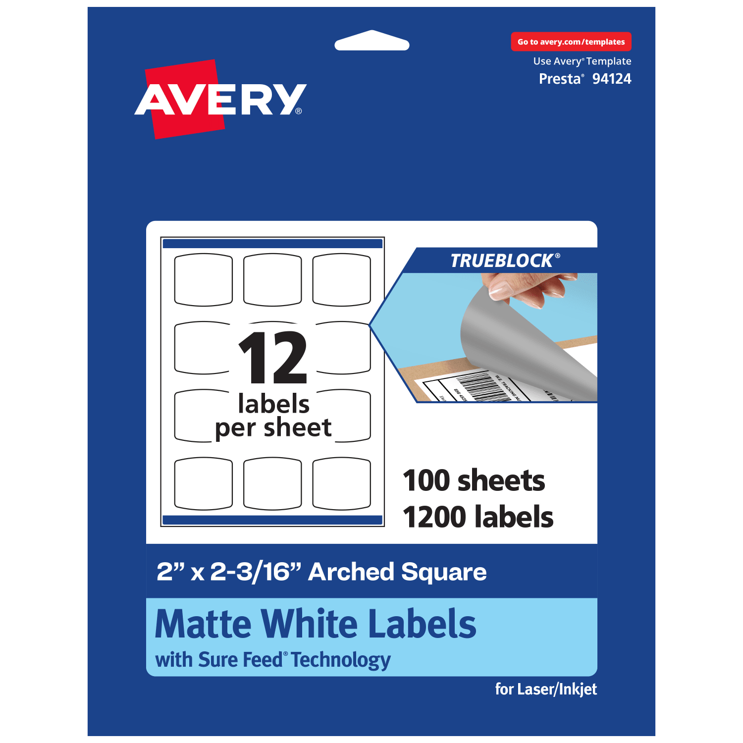Avery Print-To-The-Edge TrueBlock Labels With Sure Feed, 94124-TWMP100, Arched Square, 2in x 2-3/16in, Matte White, Pack Of 1200