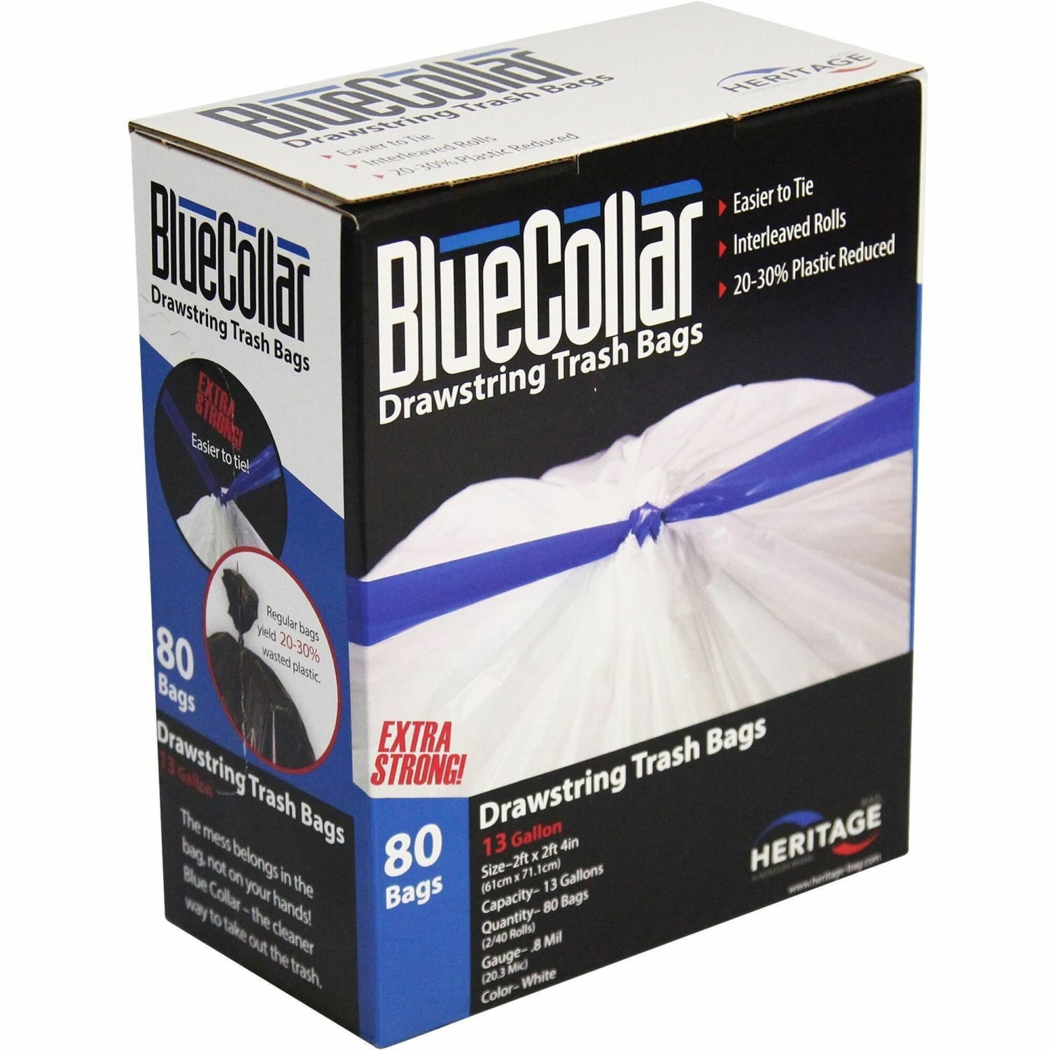Heritage Drawstring Can Liners, 13 Gallon, 0.8 Mil, White, Box Of 80 - Image 3