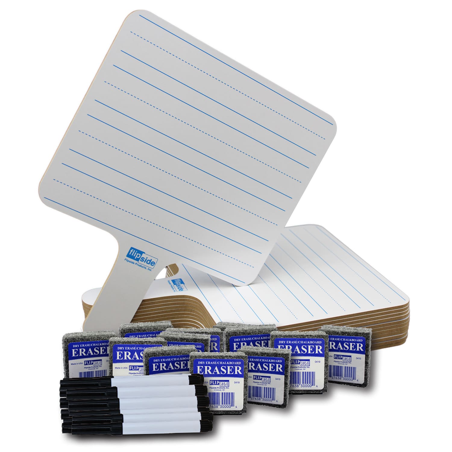 Flipside Products 2-Sided Rectangular Dry-Erase Writing Paddles With Pens And Erasers, 7-3/4in x 10in, White, Class Pack Of 12 Paddles