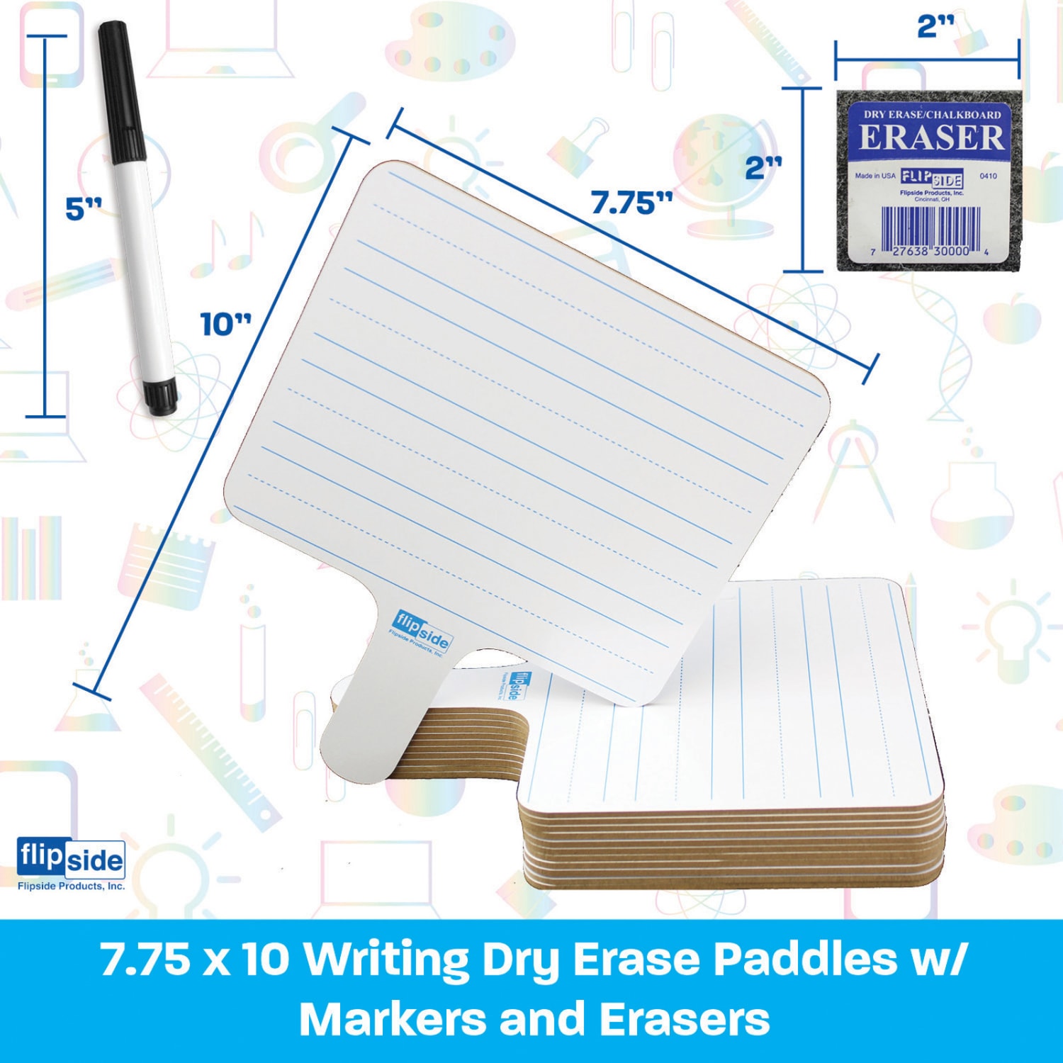 Flipside Products 2-Sided Rectangular Dry-Erase Writing Paddles With Pens And Erasers, 7-3/4in x 10in, White, Class Pack Of 12 Paddles - Image 5
