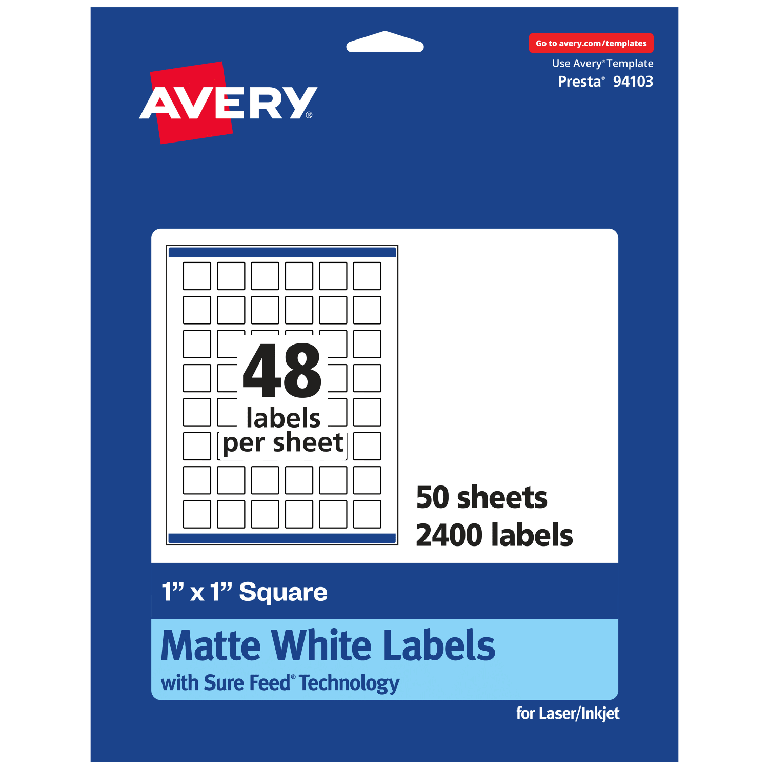 Avery Permanent Labels With Sure Feed, 94103-WMP50, Square, 1in x 1in, White, Pack Of 2,400