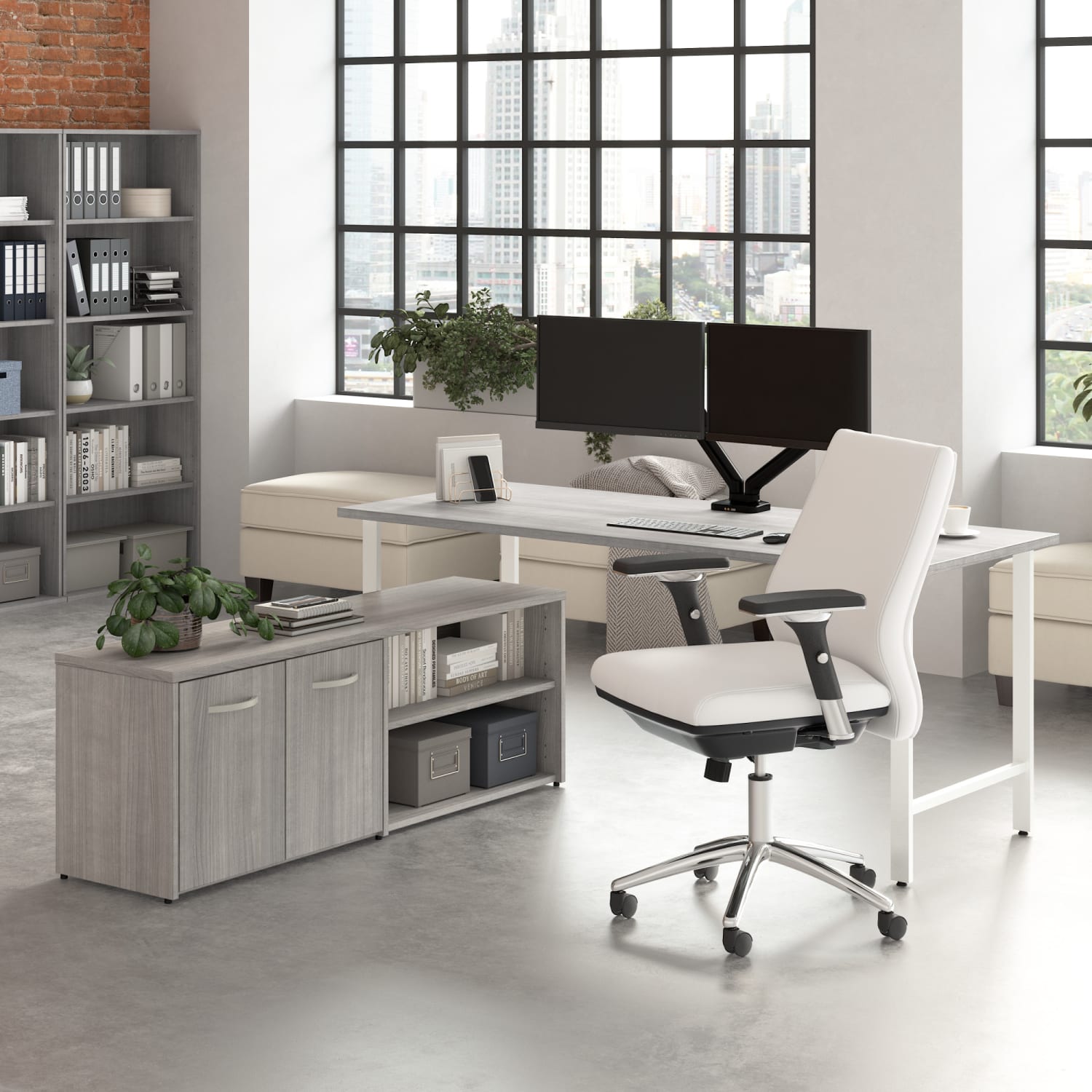 Bush Business Furniture Hustle 72inW Computer Desk and Low Storage Cabinet with Doors and Shelves, Platinum Gray, Standard Delivery Service