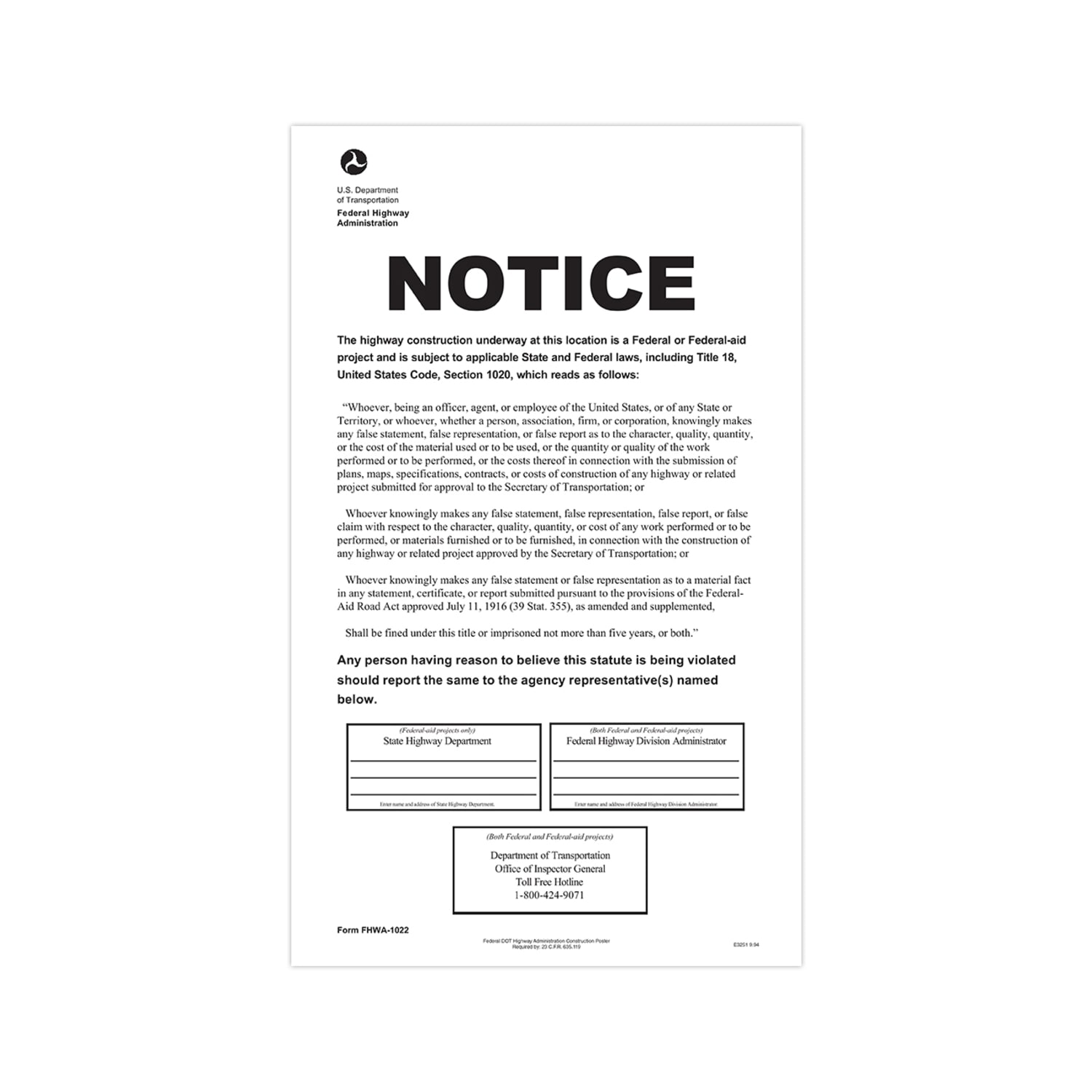 ComplyRight Federal Contractor Posters, D.O.T. Federal Highway Construction, English, 8 1/2in x 14in