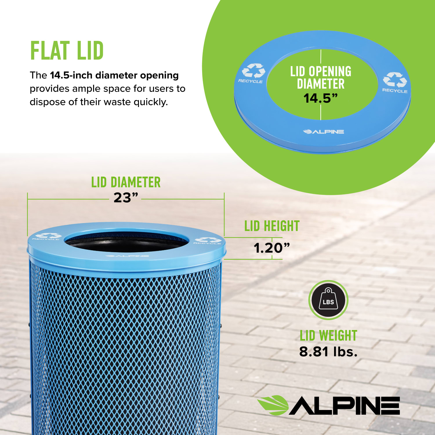 Alpine Blue Round Diamond Steel 36 Gallon Trash Can with Flat Lid with Liner - Image 5