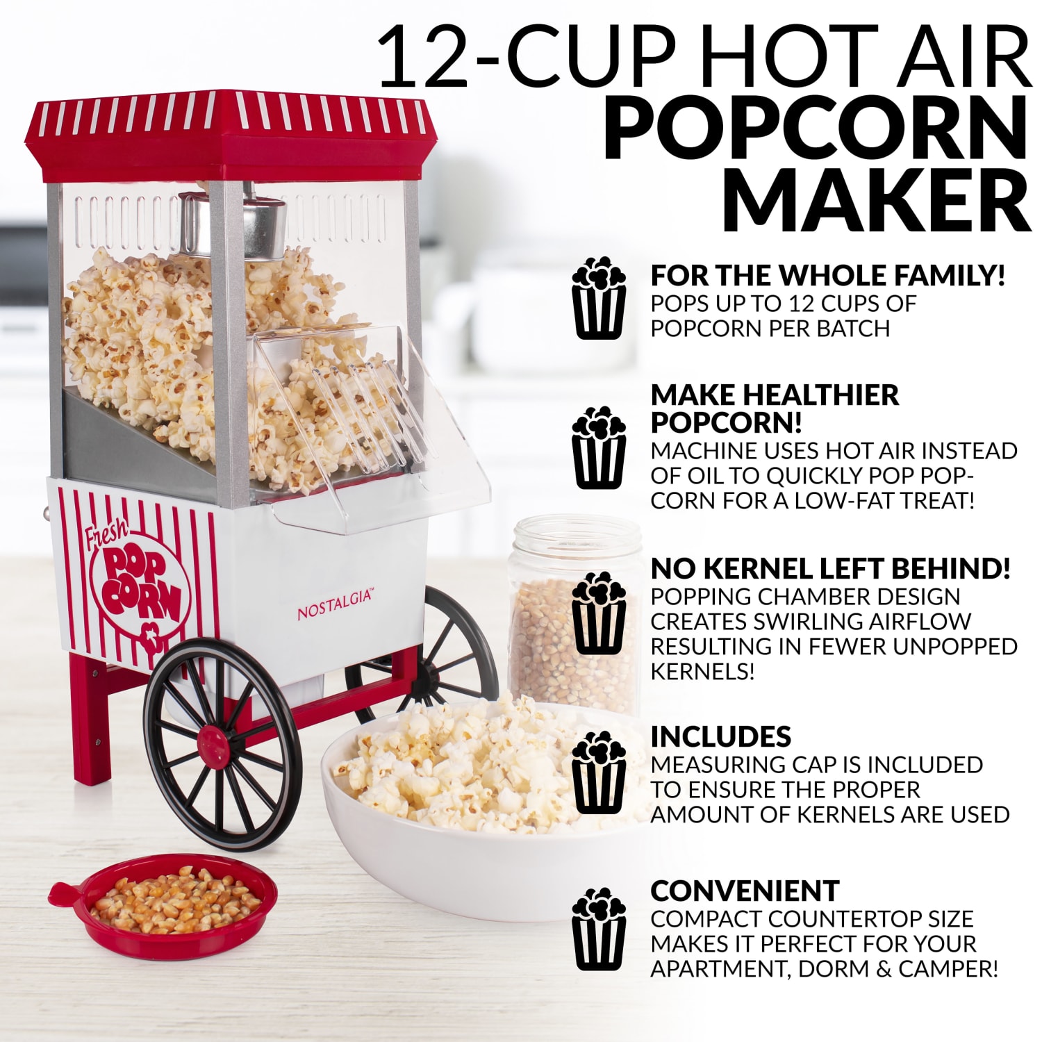 Nostalgia Old Fashioned Hot Air Popcorn Maker, 16-1/2inH x 7-1/2inW x 9inD, Red/White - Image 3