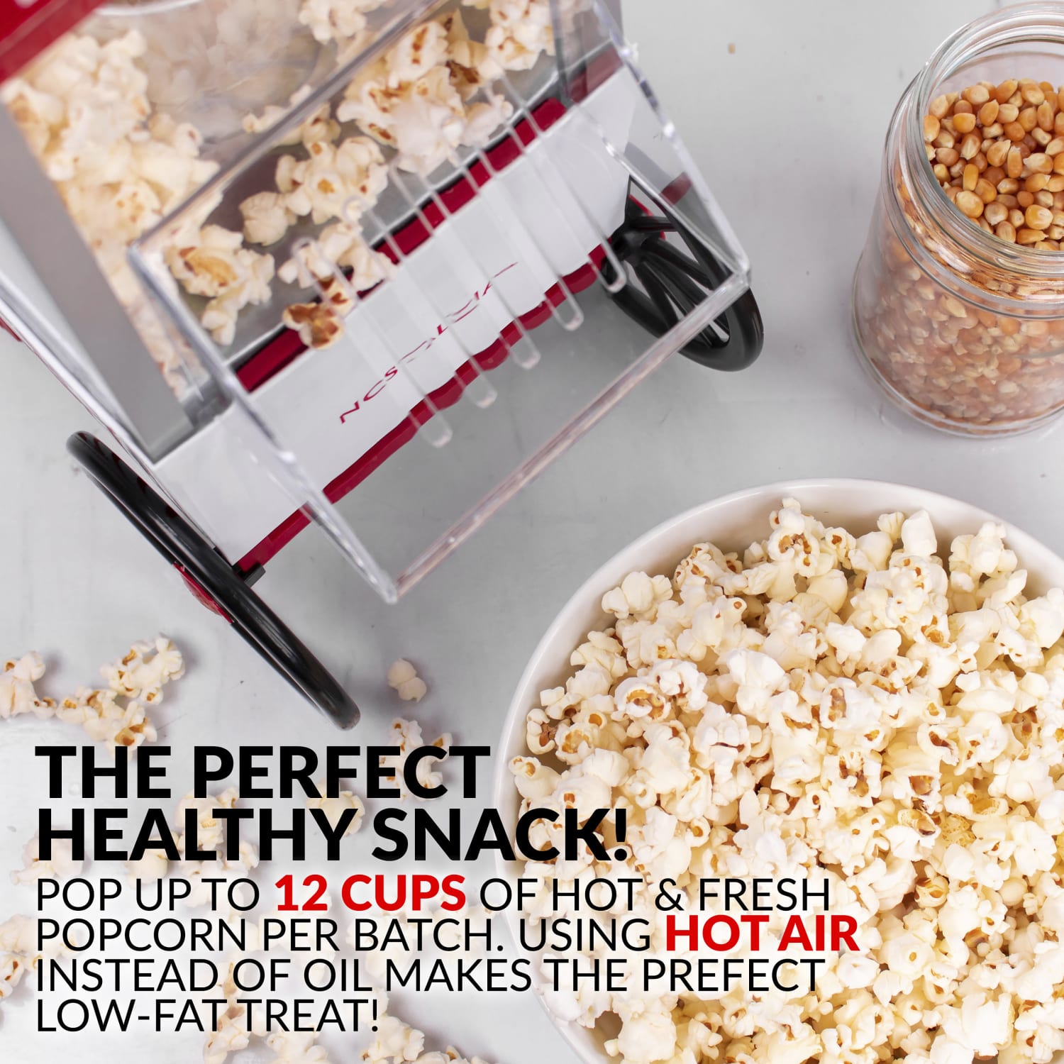 Nostalgia Old Fashioned Hot Air Popcorn Maker, 16-1/2inH x 7-1/2inW x 9inD, Red/White - Image 4