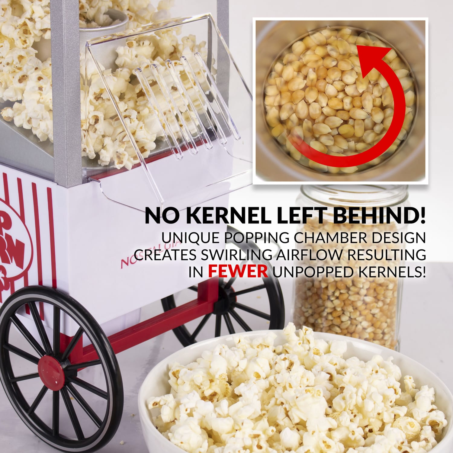 Nostalgia Old Fashioned Hot Air Popcorn Maker, 16-1/2inH x 7-1/2inW x 9inD, Red/White - Image 5