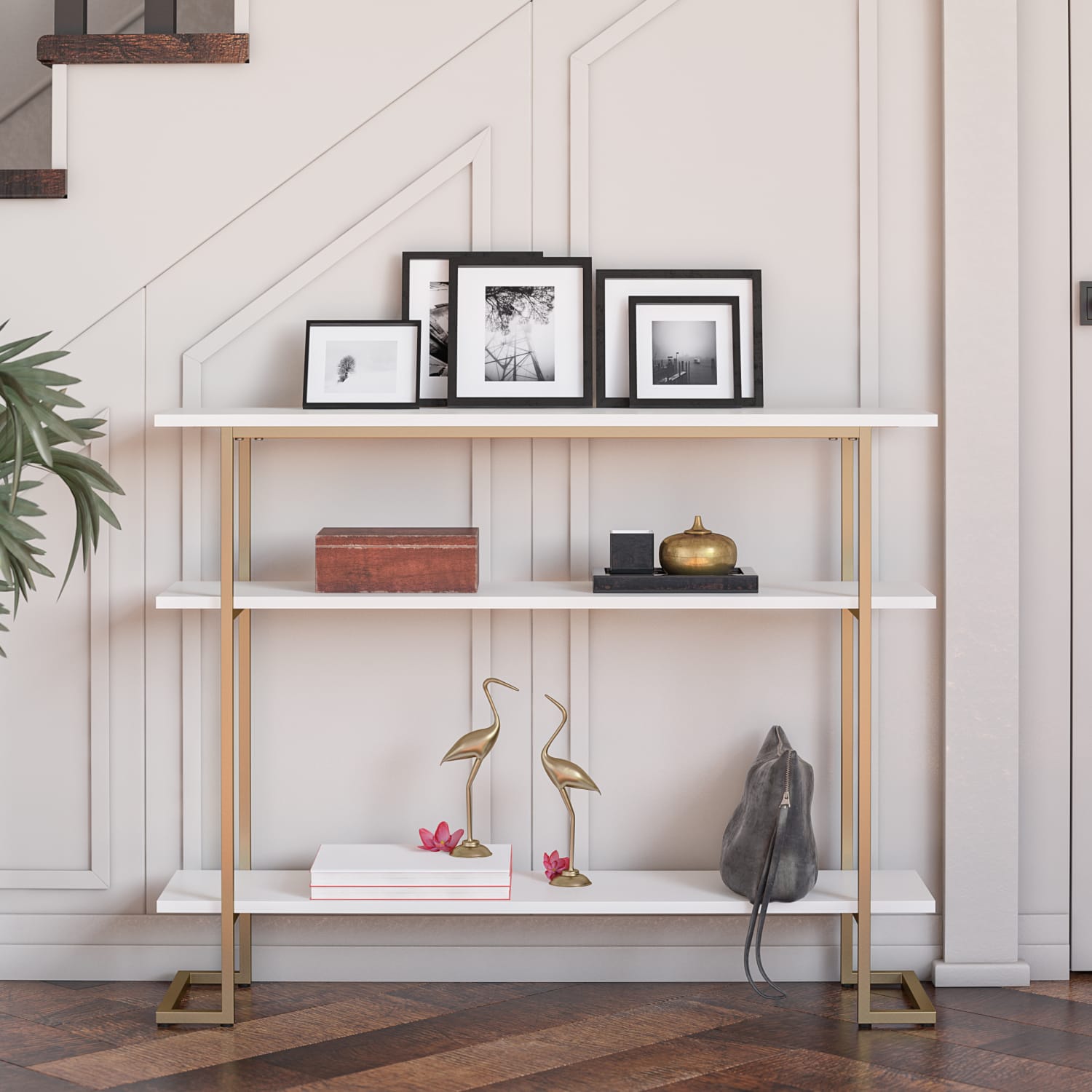 Ameriwood Home Jade Console Soft Table, 31inH x 39-3/8inW x 9-7/8inD, White/Gold - Image 4