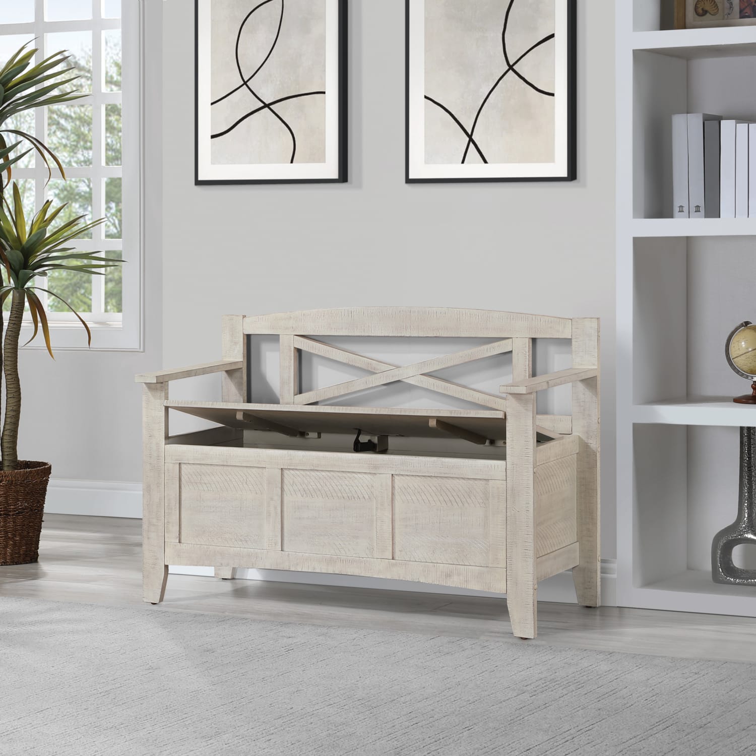 Office Star Metro Wood Bench, 30-1/4inH x 44-1/2inW x 16-3/4inD, Distressed White - Image 4