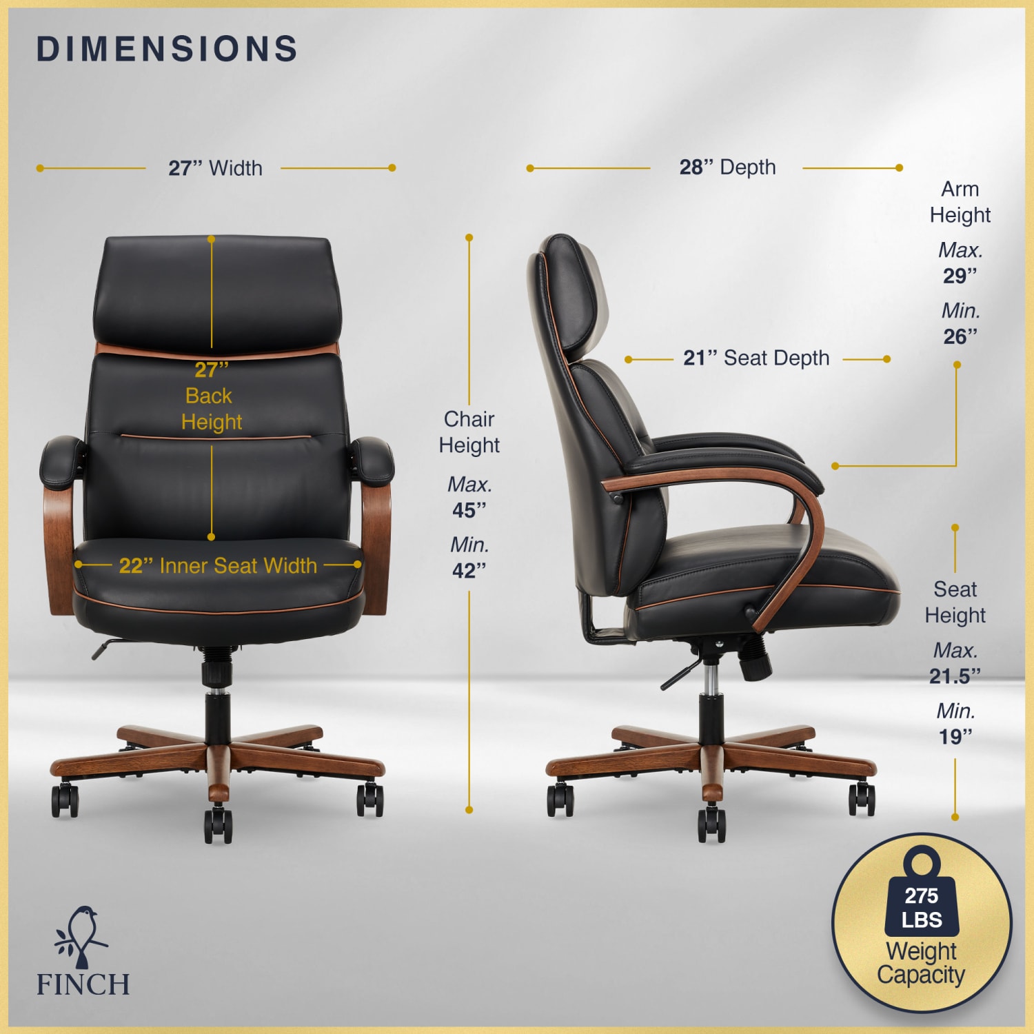 Finch Neo Two Ergonomic Vegan Leather Mid-Back Executive Office Chair, Black/Cognac - Image 4
