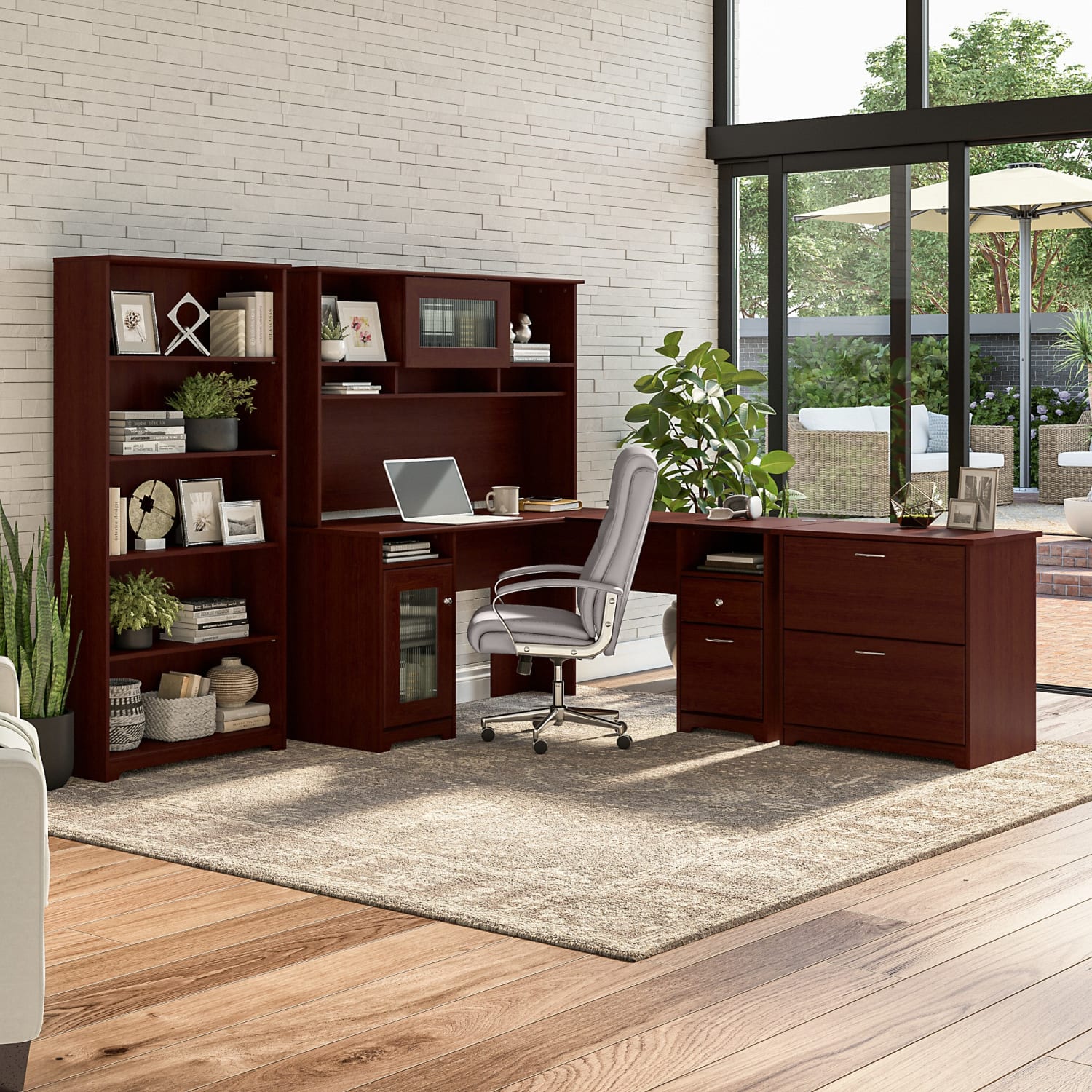 Bush Business Furniture Cabot 60inW L-Shaped Corner Desk With Hutch, Lateral File And 5-Shelf Bookcase, Harvest Cherry, Standard Delivery - Image 3