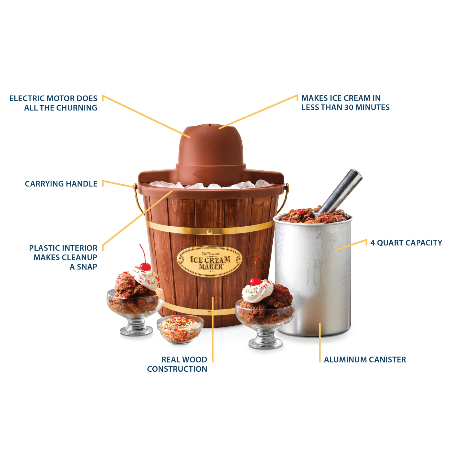 Nostalgia 4-Quart Wood Bucket Ice Cream Maker, Brown - Image 4