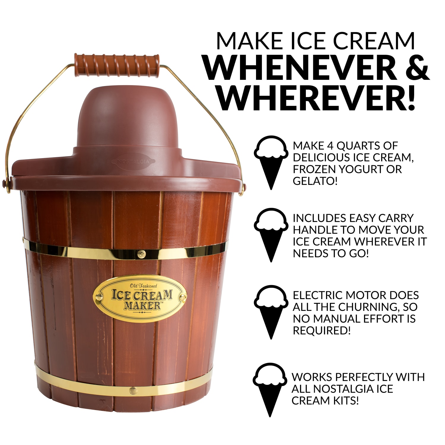 Nostalgia 4-Quart Wood Bucket Ice Cream Maker, Brown - Image 5