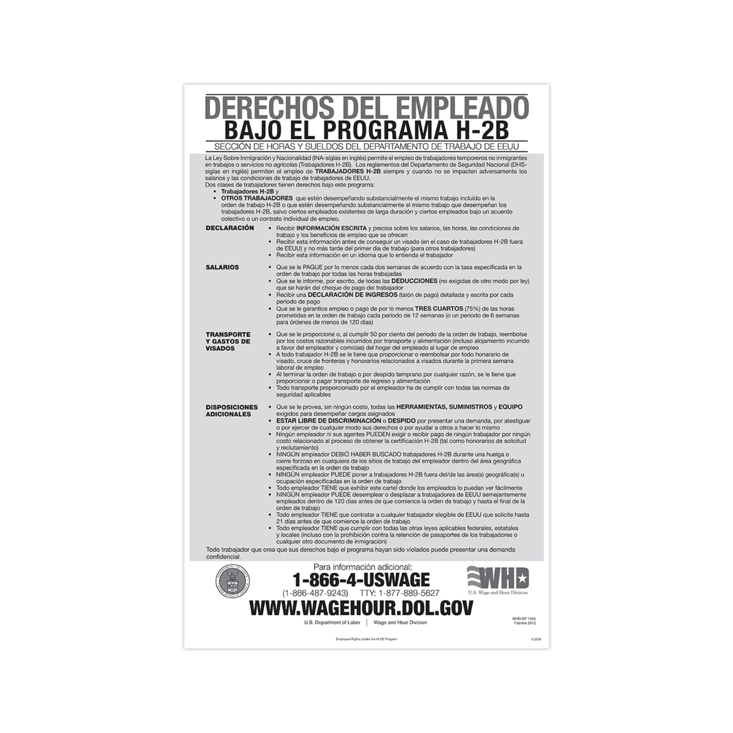 ComplyRight Federal Specialty Posters, Employee Rights Under The H-2B Program, Spanish, 11in x 17in