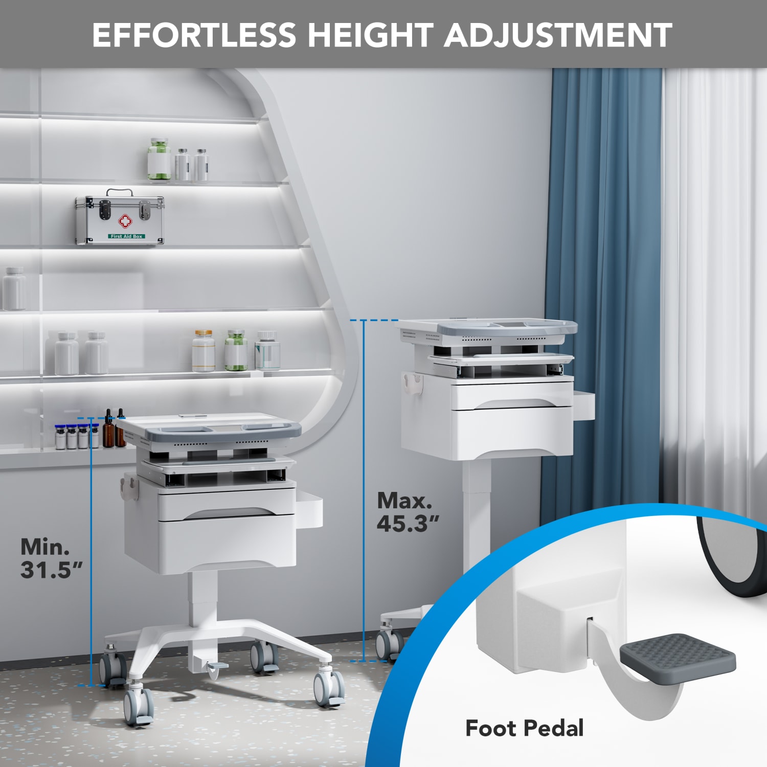 Mount-It! MedHub Mobile Medical Cart Workstation With Drawers And Monitor Mount, 65-7/16inH x 25-5/8inW x 21-3/4inD, White/Gray - Image 4