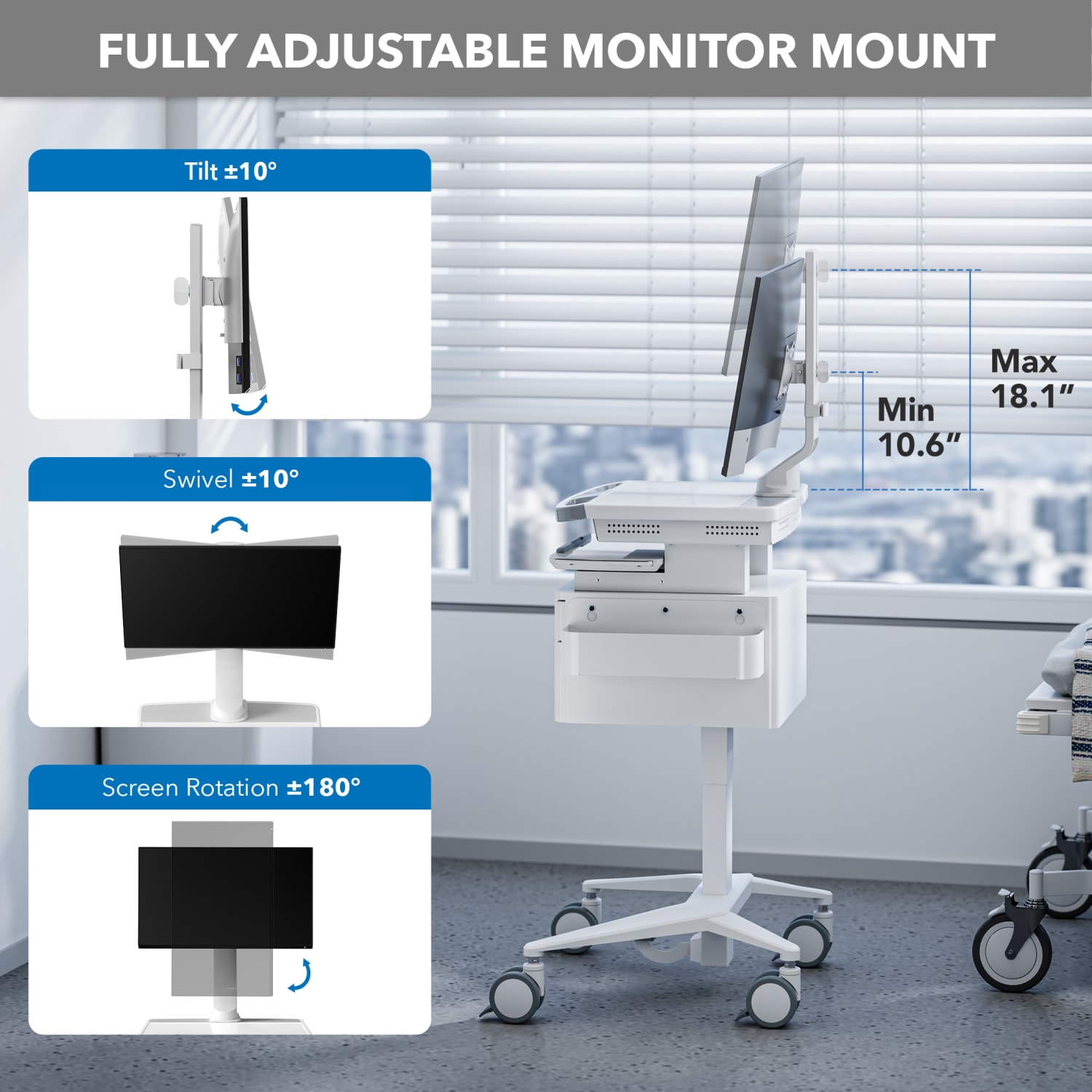 Mount-It! MedHub Mobile Medical Cart Workstation With Drawers And Monitor Mount, 65-7/16inH x 25-5/8inW x 21-3/4inD, White/Gray - Image 6