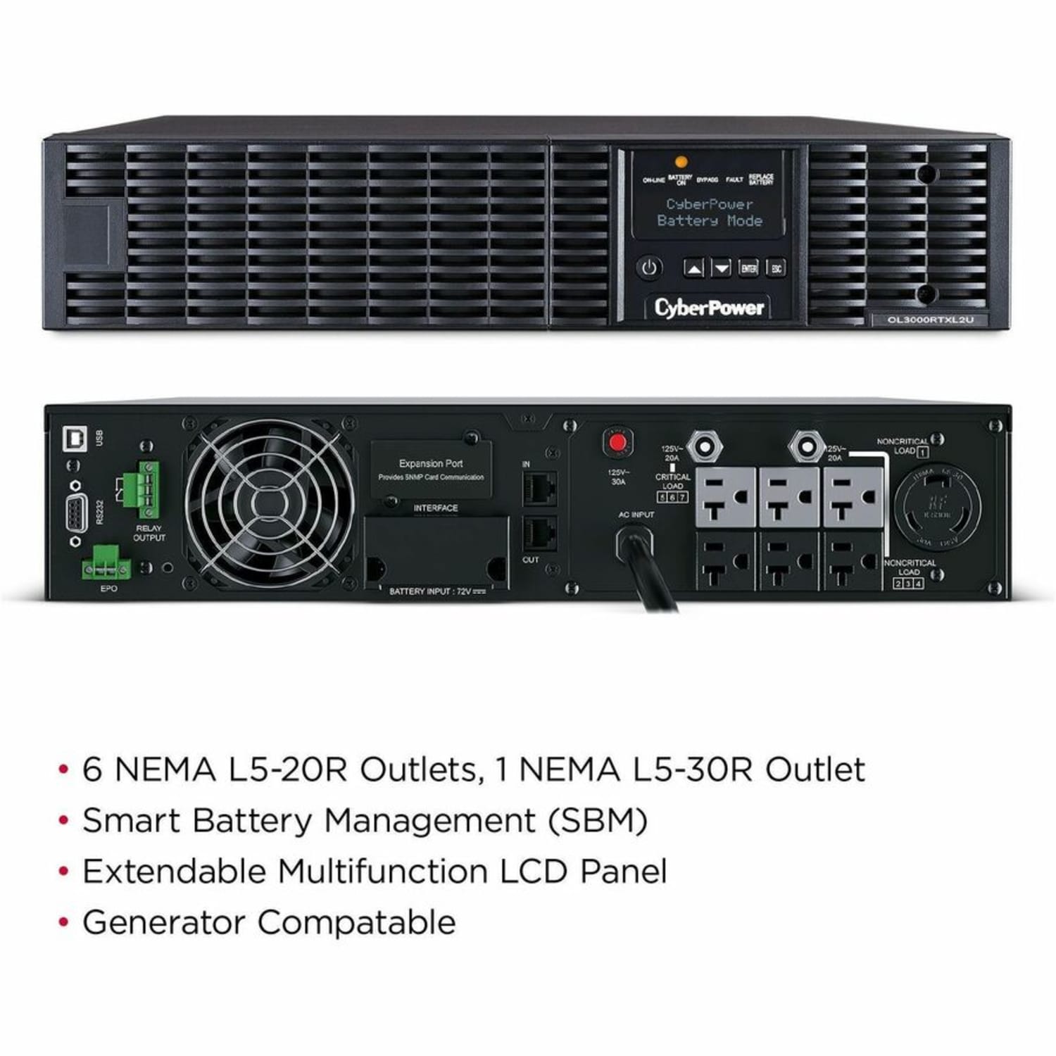 CyberPower OL3000RTXL2U Smart App Online UPS Systems - 3000VA/2700W, 100 - 125 VAC, NEMA L5-30P, 2U, Rack/Tower, 7 Outlets, LCD- OL3000RTXL2U - Image 3