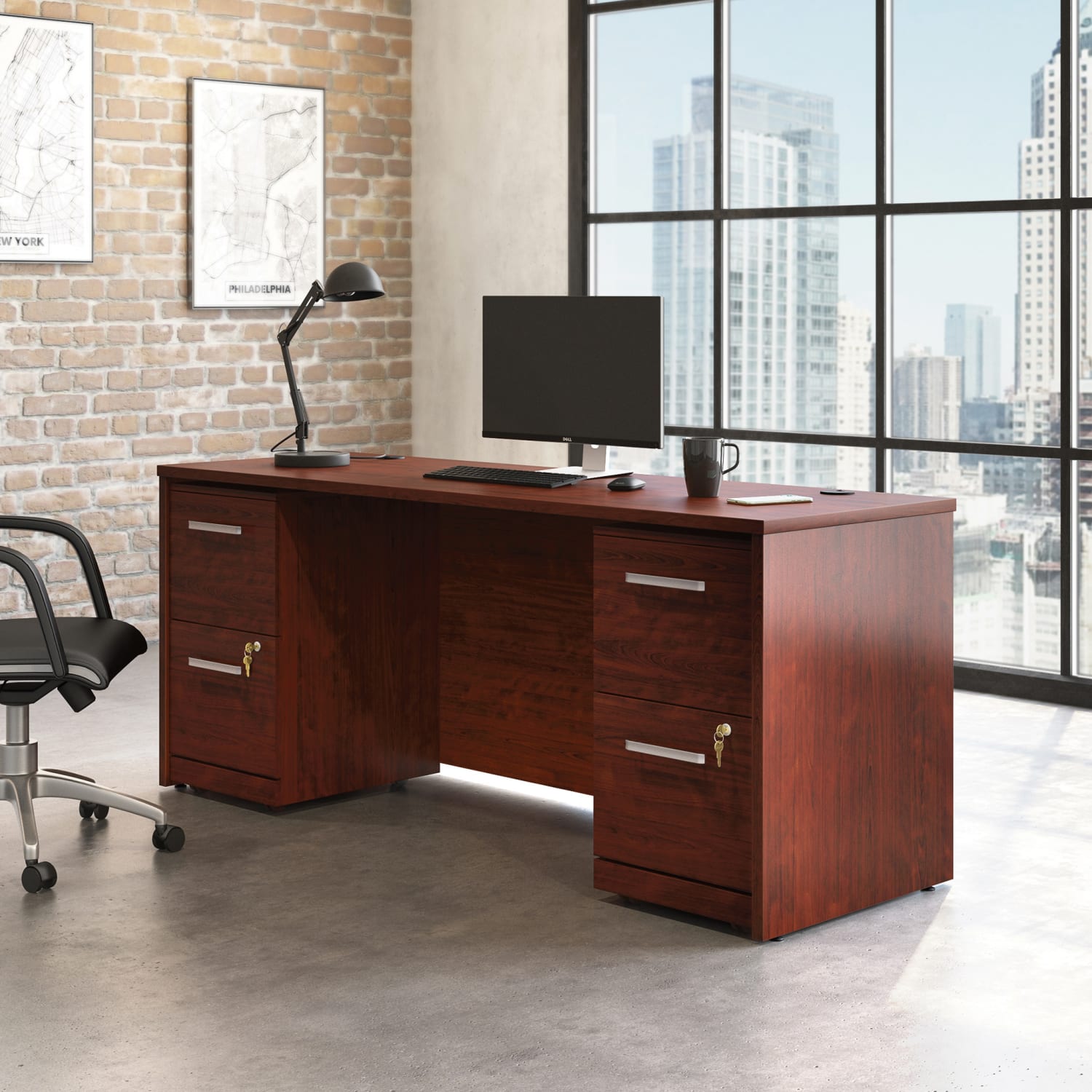 Sauder Affirm Collection Executive Desk With Two 2-Drawer Mobile Pedestal Files, 72inW x 24inD, Classic Cherry - Image 4