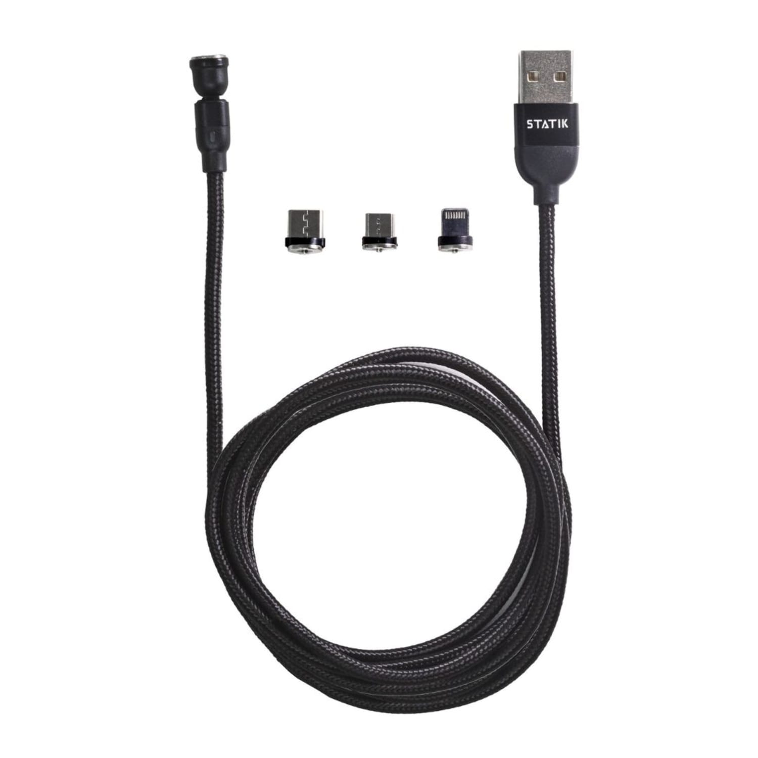 STATIK 360 Universal Charge Cable With 3 Rotating Magnetic Connectors, 6ft, Black, PUP-0386