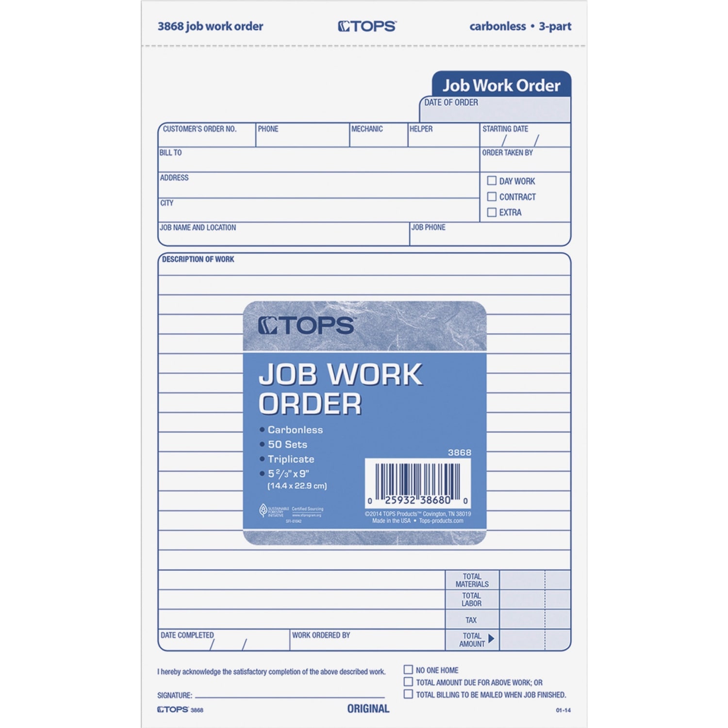 TOPS Triplicate Carbonless Job Work Orders, 5 1/2in x 8 1/2in, Pack Of 50 Forms - Image 4