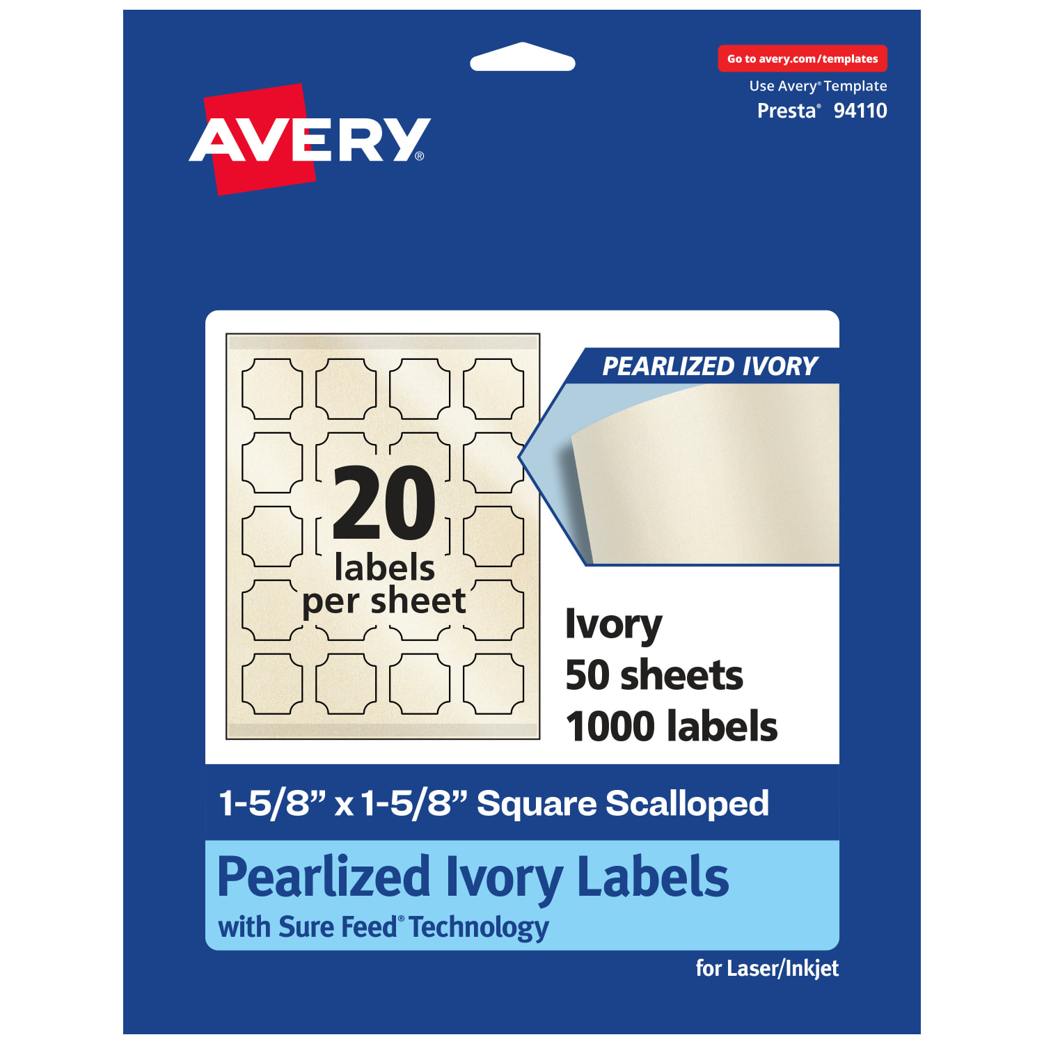 Avery Pearlized Permanent Labels With Sure Feed, 94110-PIP50, Square Scalloped, 1-5/8in x 1-5/8in, Ivory, Pack Of 1,000 Labels