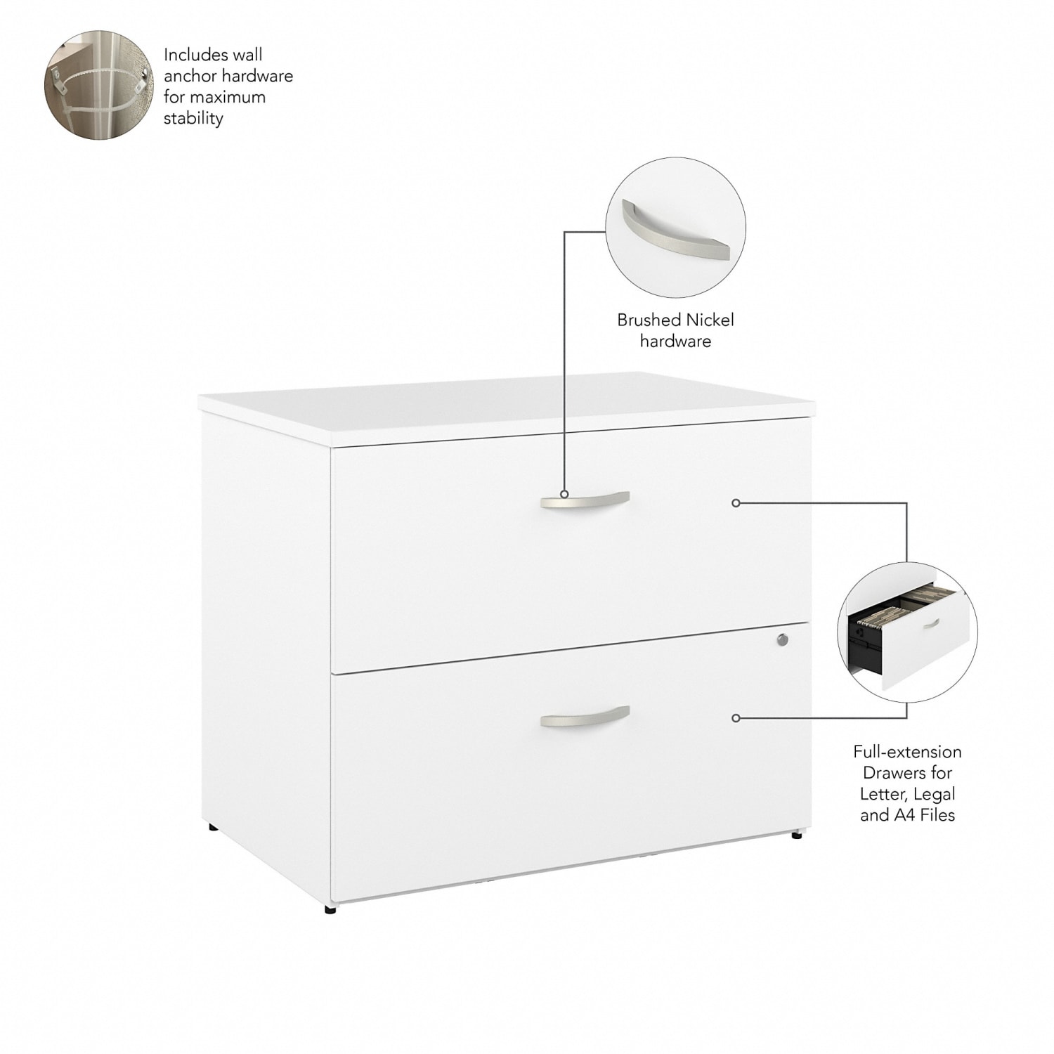 Bush Business Furniture Hybrid 35-11/16inW x 23-3/8inD Lateral 2-Drawer File Cabinet, White, Standard Delivery - Image 4