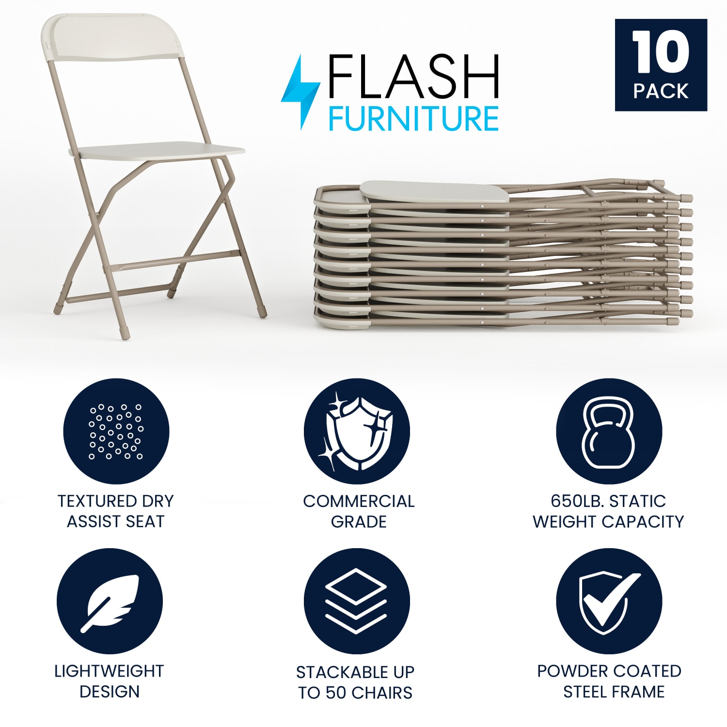 Flash Furniture HERCULES Series Premium Plastic Folding Chairs Beige Set Of 10 Chairs PopularChairscom
