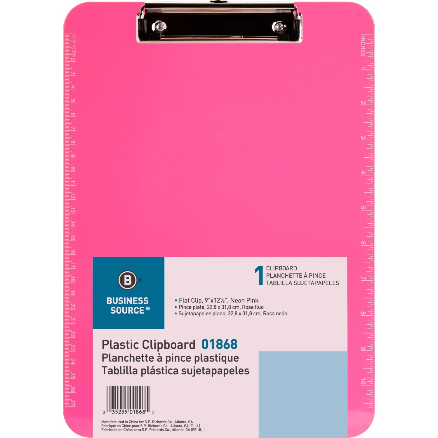 Business Source Flat Clip Plastic Clipboard - 9in x 12in - Plastic - Neon Pink - 6 / Bundle - Image 5