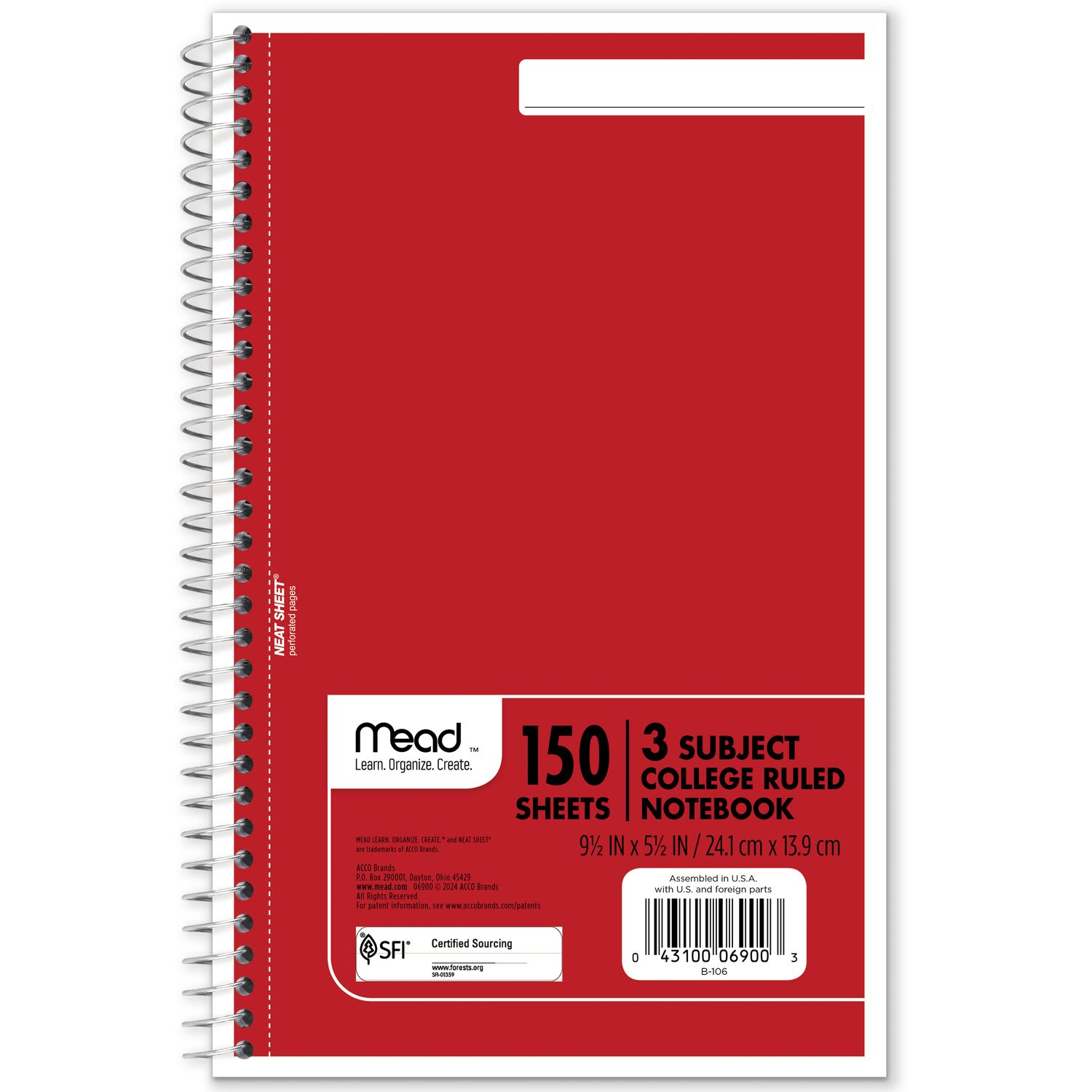Mead Wirebound Notebook, 6in x 9 1/2in, 3 Subject, College Ruled, 300 Pages (150 Sheets), Assorted Colors