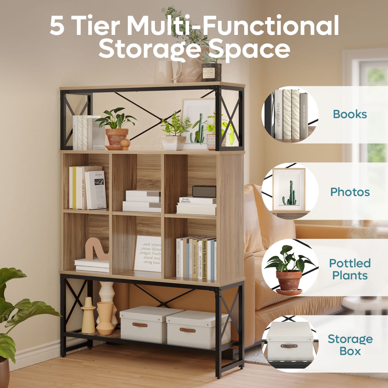 Bestier 65inH 5-Shelf/6-Cube Bookcase With LED Light, Pinewood - Image 4